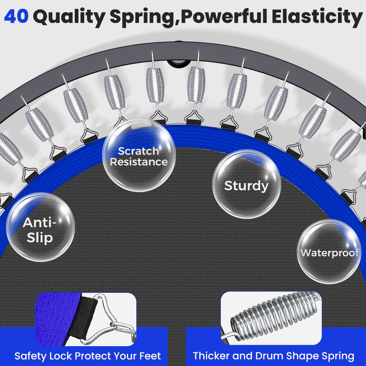 40 Quality Spring, Powerful Elasticity  
Scratch Resistance  
Sturdy  
Anti-Slip  
Waterproof  
Safety Lock Protect Your Feet  
Thicker and Drum Shape Spring
