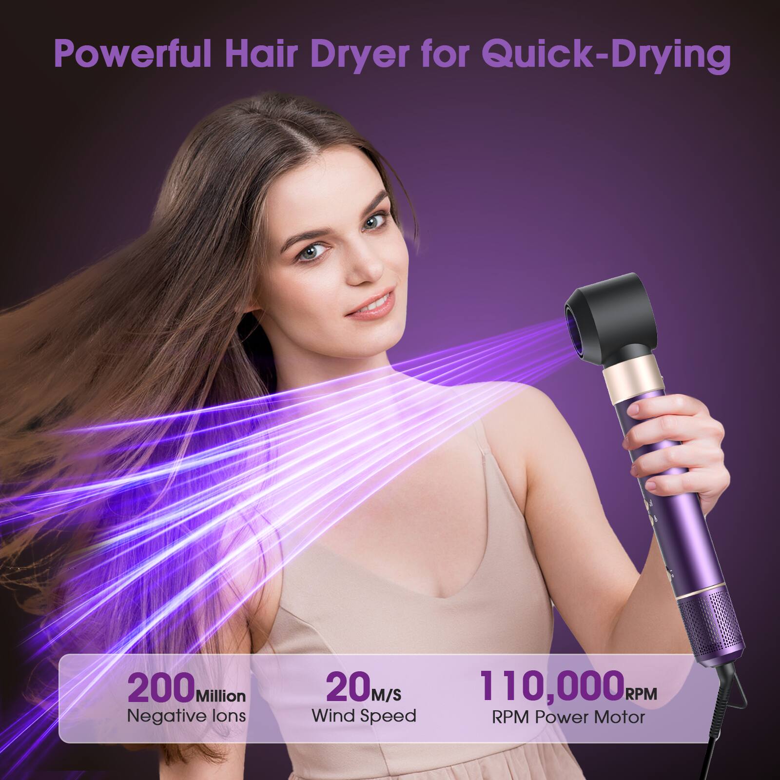 Powerful Hair Dryer for Quick-Drying

- 200 Million Negative Ions
- 20 M/S Wind Speed
- 110,000 RPM Power Motor