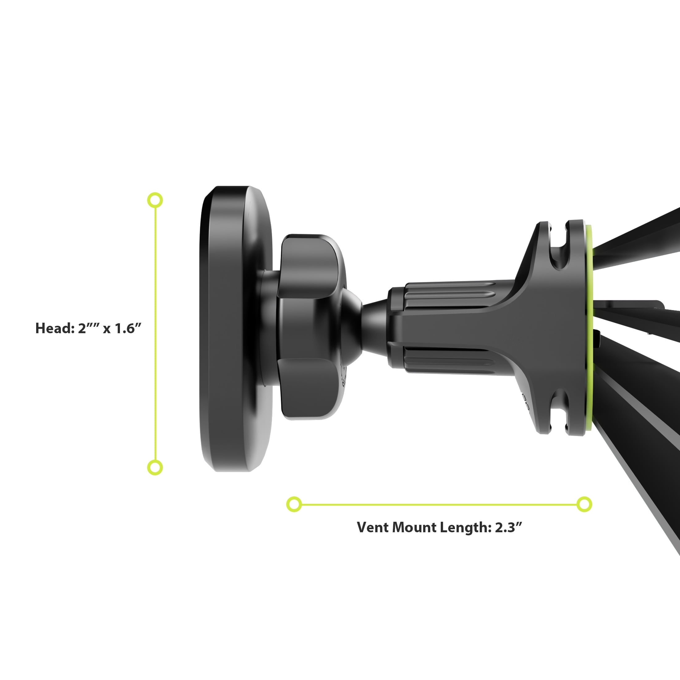 Head: 2" x 1.6"  
Vent Mount Length: 2.3"