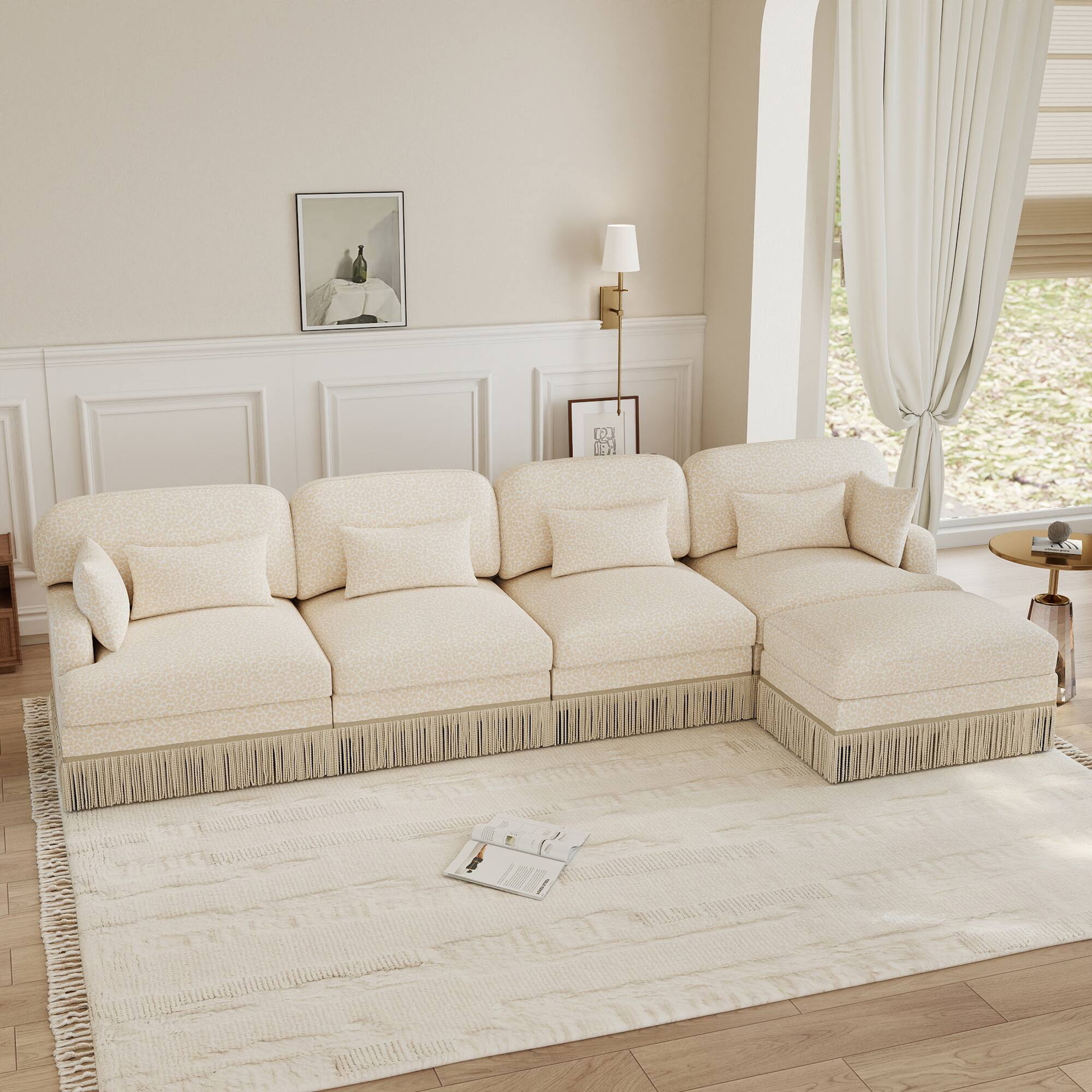 Angle. Anysun - 131" 4-Seater Flexible Modular Leopard Print Chenille L-Shaped Sofa with Tassel Edges & Movable Ottoman - Beige.