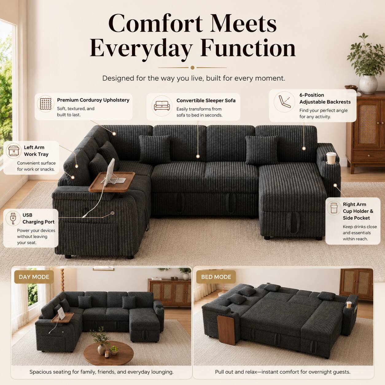 Comfort Meets Everyday Function  
Designed for the way you live, built for every moment.  

Premium Corduroy Upholstery  
Soft, textured, and built to last.  

Convertible Sleeper Sofa  
Easily transforms from sofa to bed in seconds.  

6-Position Adjustable Backrests  
Find your perfect angle for any activity.  

Left Arm Work Tray  
Convenient surface for work or snacks.  

USB Charging Port  
Power your devices without leaving your seat.  

Right Arm Cup Holder & Side Pocket  
Keep drinks close and essentials within reach.  

DAY MODE  
Spacious seating for family, friends, and everyday lounging.  

BED MODE  
Pull out and relax—instant comfort for overnight guests.