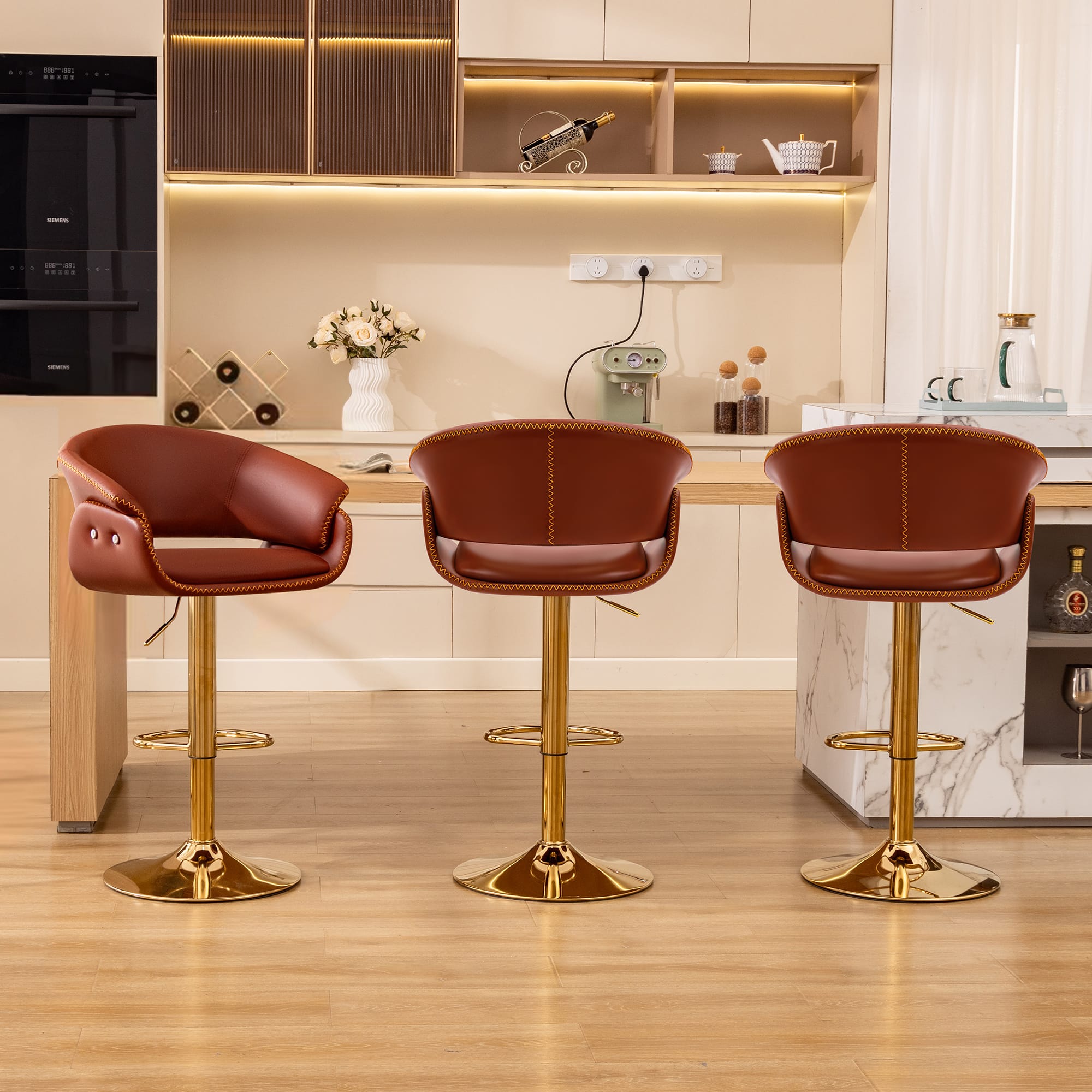 Brick Attic - 3PCS 24"-32"Adjustable Height Upholstered Low Back Bar ,360° Swivel PU Counter Stool with Footrest - WineRed