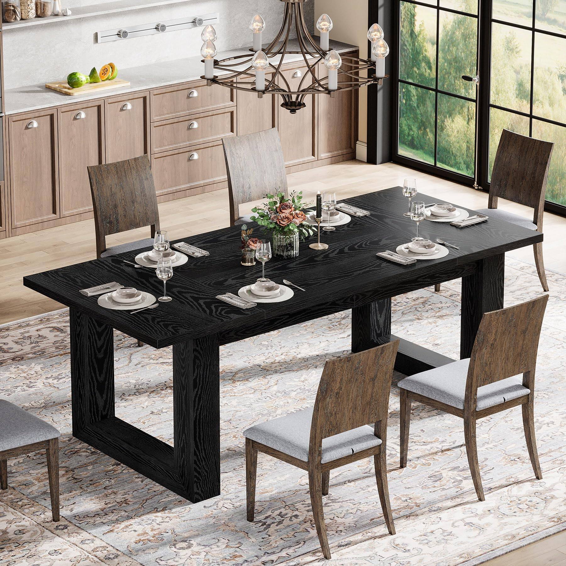 Alt View 1. Tribesigns - 63-Inch Dining Table, Modern Wood Kitchen Table，Black - Black.