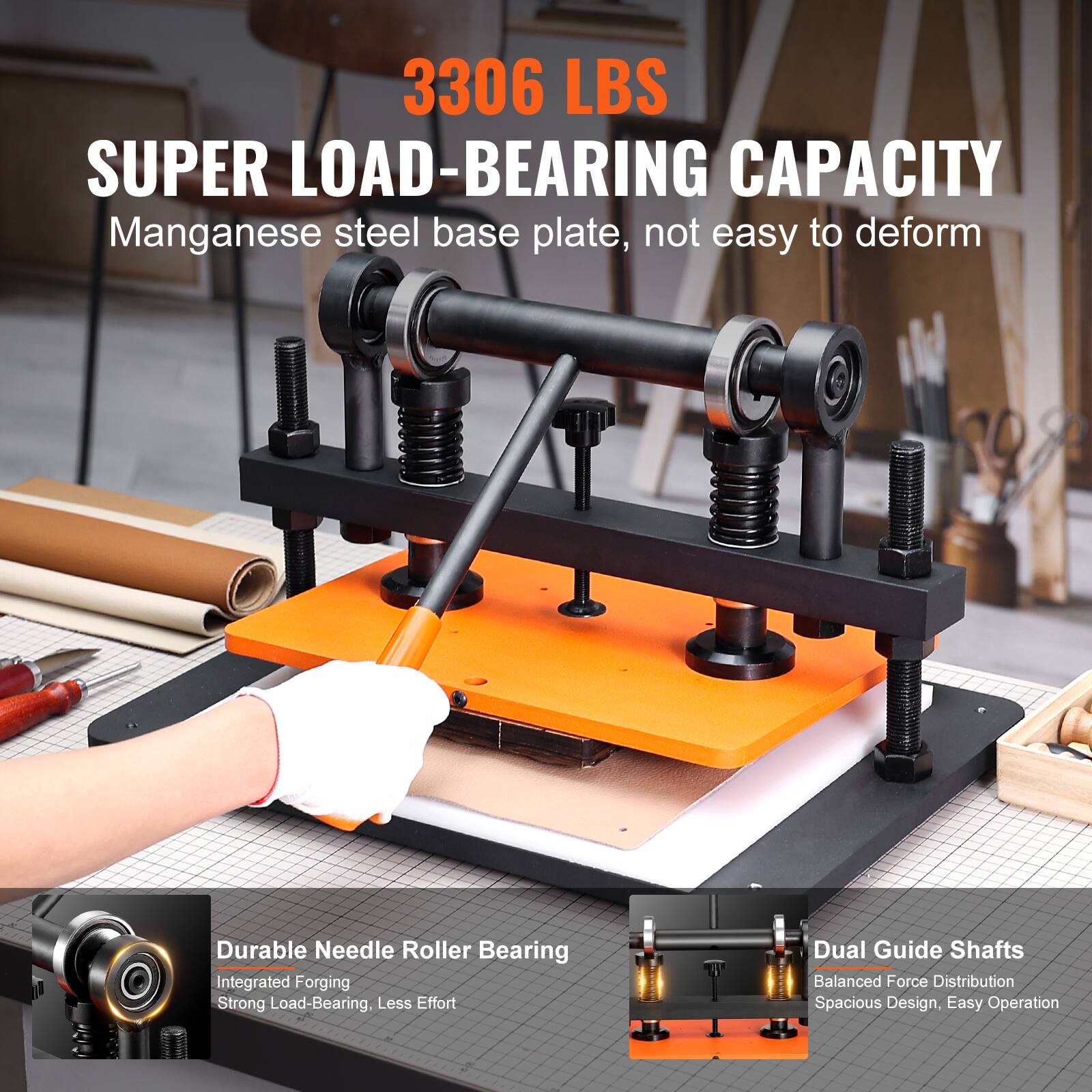 3306 LBS SUPER LOAD-BEARING CAPACITY  
Manganese steel base plate, not easy to deform  

Durable Needle Roller Bearing  
Integrated Forging  
Strong Load-Bearing, Less Effort  

Dual Guide Shafts  
Balanced Force Distribution  
Spacious Design, Easy Operation