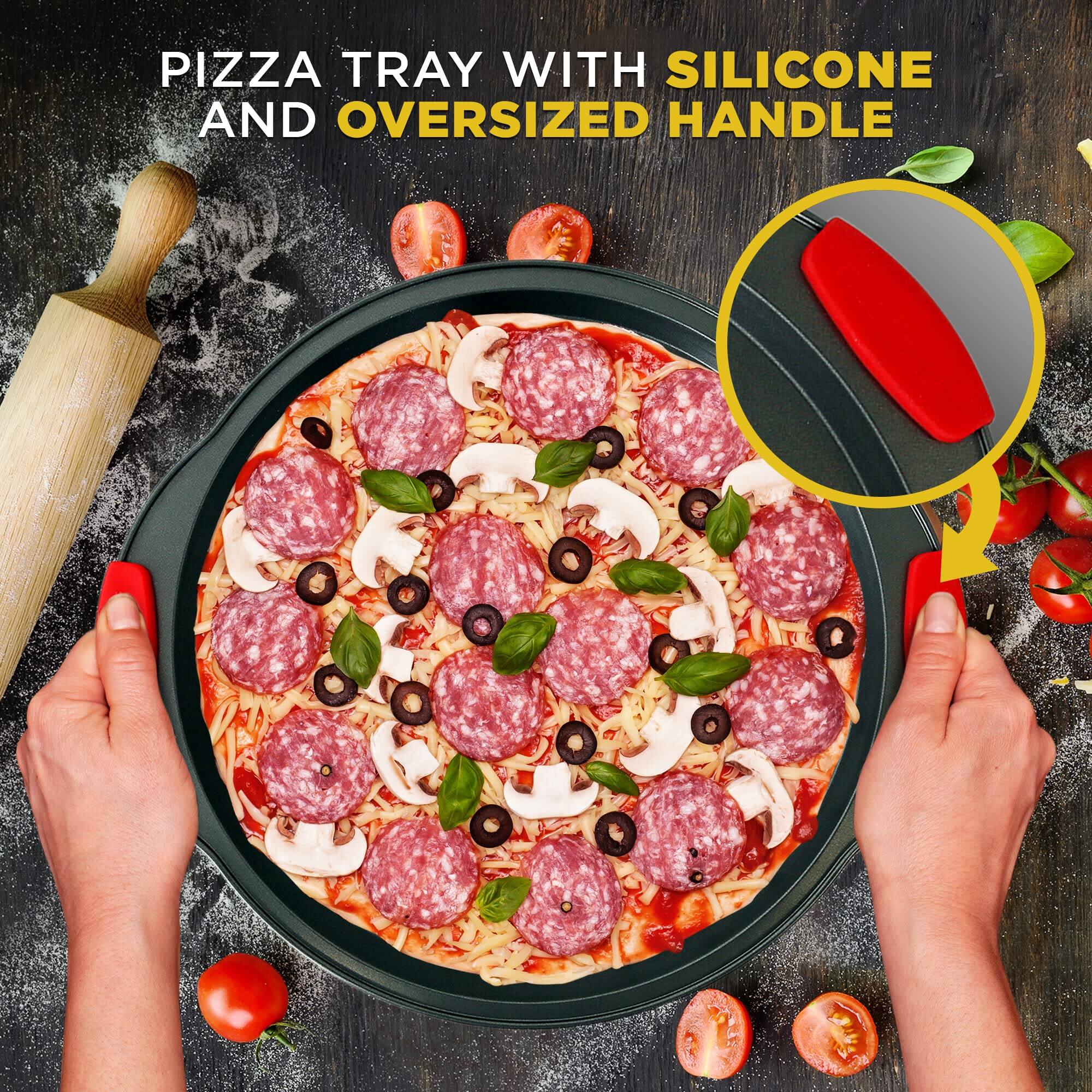 PIZZA TRAY WITH SILICONE AND OVERSIZED HANDLE