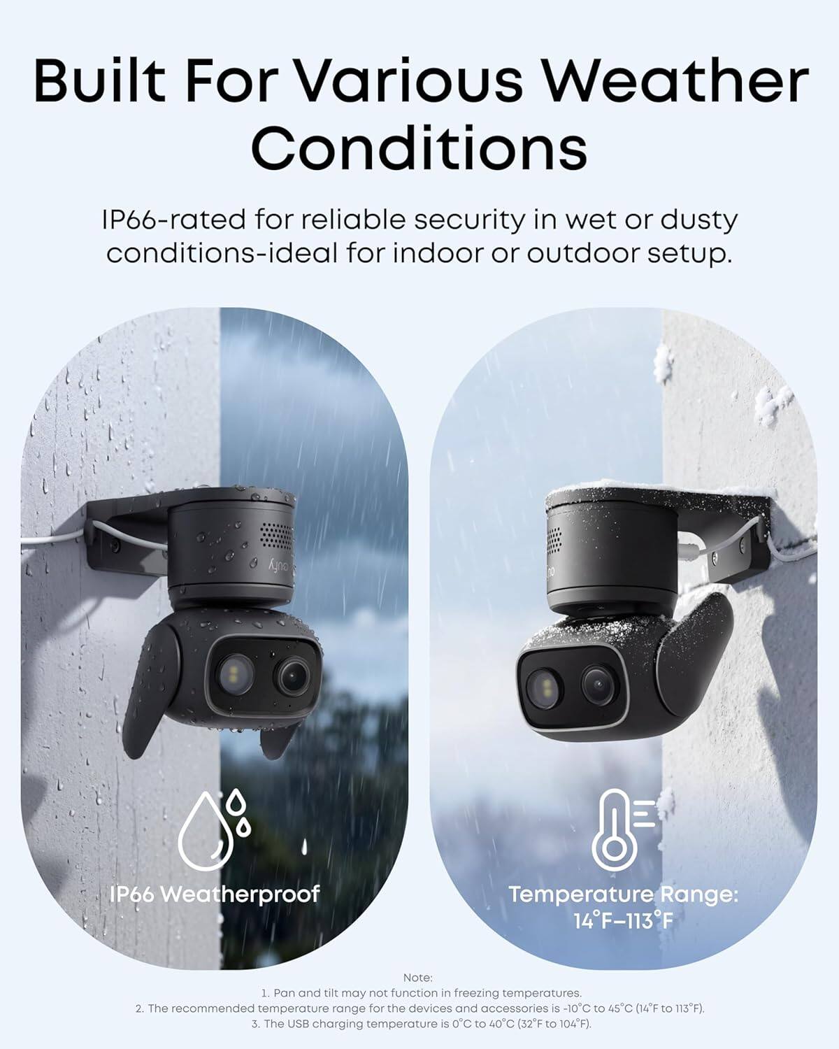 Built For Various Weather Conditions

IP66-rated for reliable security in wet or dusty conditions-ideal for indoor or outdoor setup.

IP66 Weatherproof

Temperature Range: 14F-113F

Note: 
1. Pan and tilt may not function in freezing temperatures. 
2. The recommended temperature range for the devices and accessories is -10C to 45C (14F to 113F). 
3. The USB charging temperature is 0C to 40C (32F to 104F).