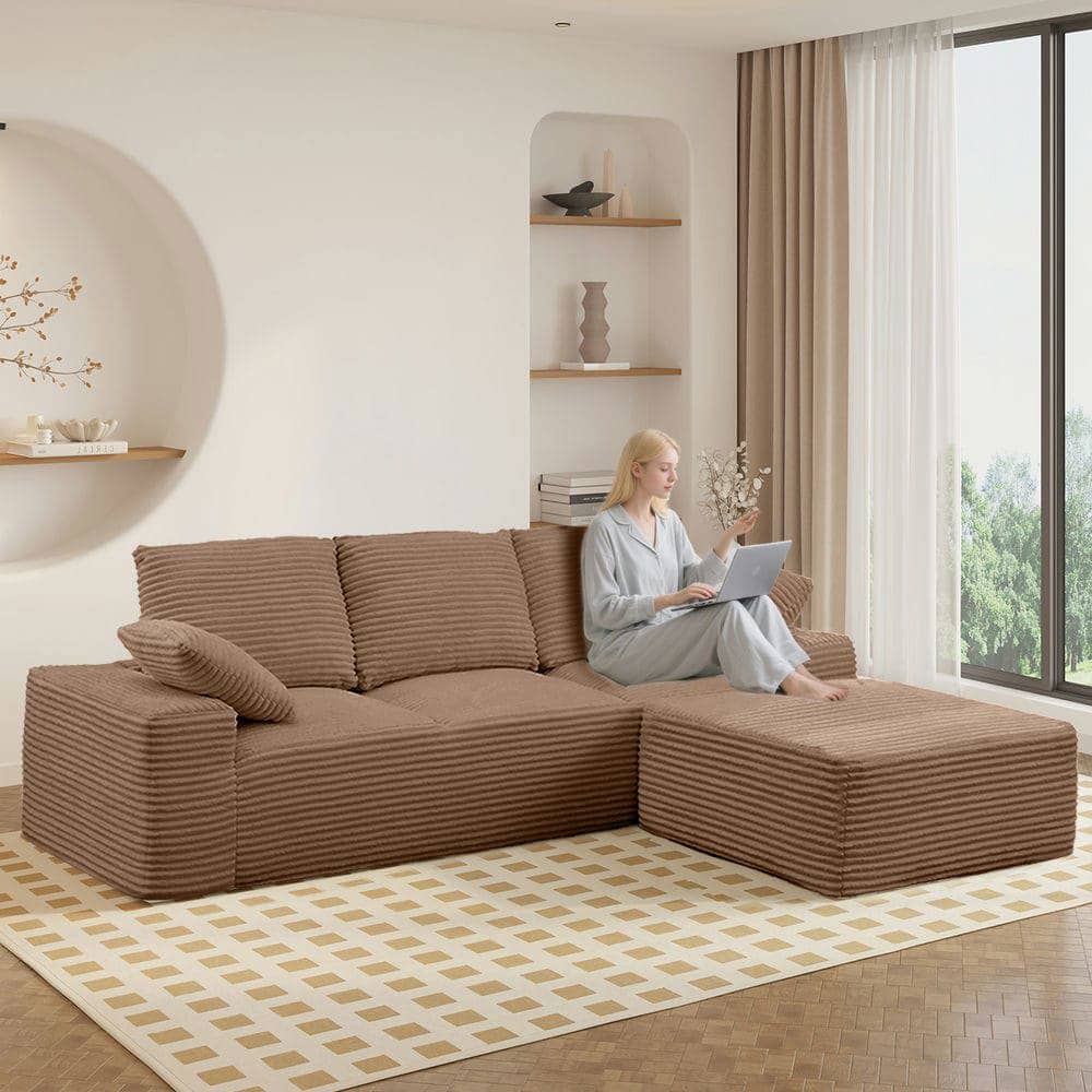 Kadyn - 103.5" L-Shaped Sectional Sofa, Cloud Chaise Design with Plush Corduroy Upholstery and Deep Seats, Brown - Brown