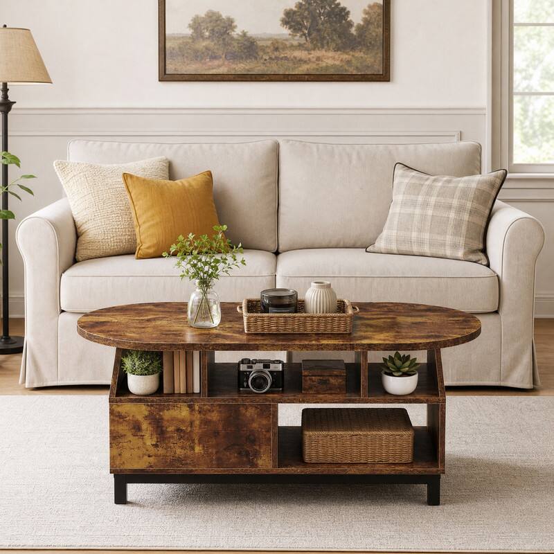 Angle. WELLFOR - 47" Oval Coffee Table with Drawer & Open Compartments, Center Table Cocktail Tea Table for Living Room - Rustic Brown.