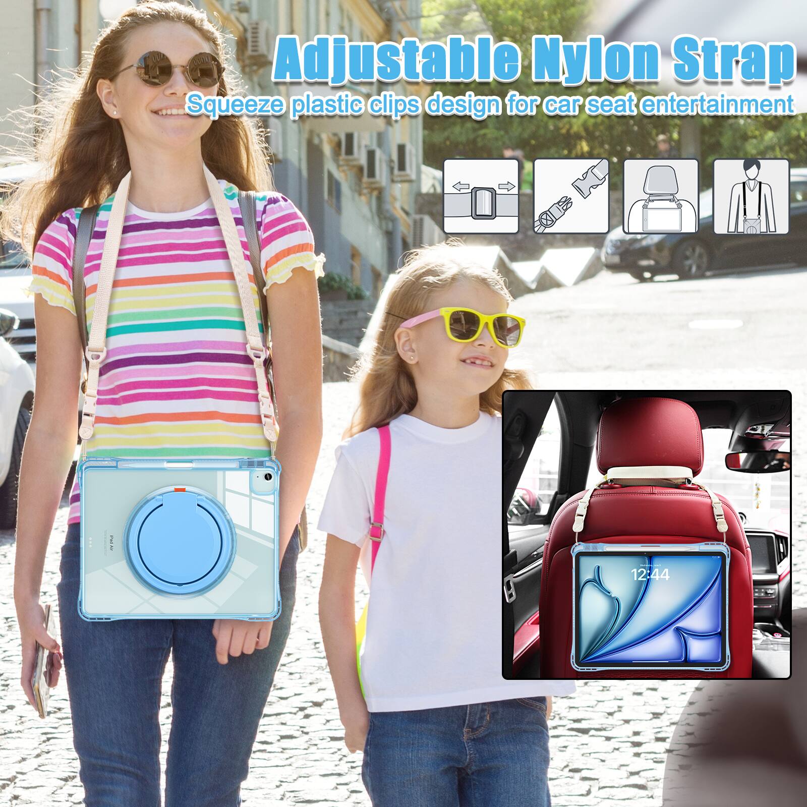 Adjustable Nylon Strap  
Squeeze plastic clips design for car seat entertainment
