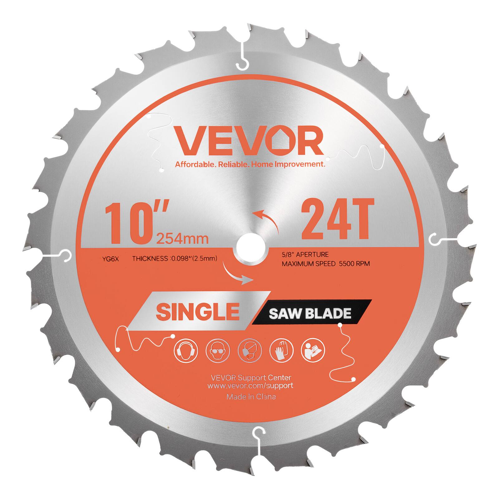 VEVOR - 10-Inch Circular Saw Blade, 24 Durable Alloy Teeth, 5/8-Inch Arbor, Precision Wood Cutting Blade - Orange