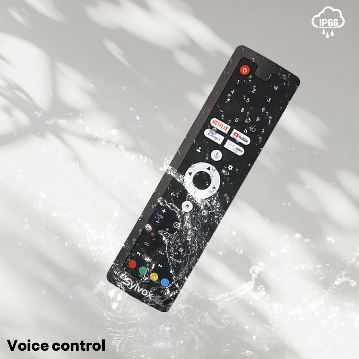 The text on the image reads "IP66 G 1 2 C 4 1 5 3 8 6 0 9 NETFLIX e a Rualabe Sylvox Voice control." This text is likely a description of the remote control's features and functionality.