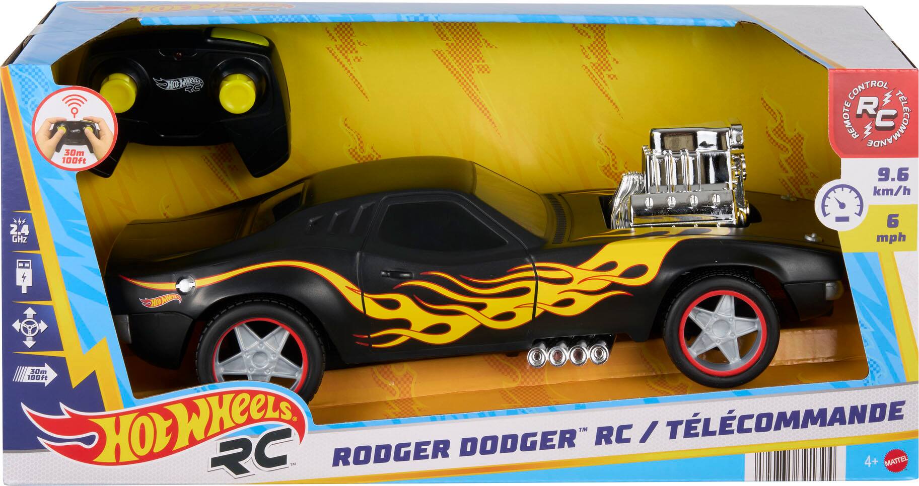30m 100ft HO HETU CONTROL R REMOTE LCOMMANES C 9.6 km/h 2.4 GHz 6 mph HO pNra 30m 100ft HOT WHEELS DODGER RC / TÉLÉCOMMANDE RC IM RODGER 4+ + MATTEL