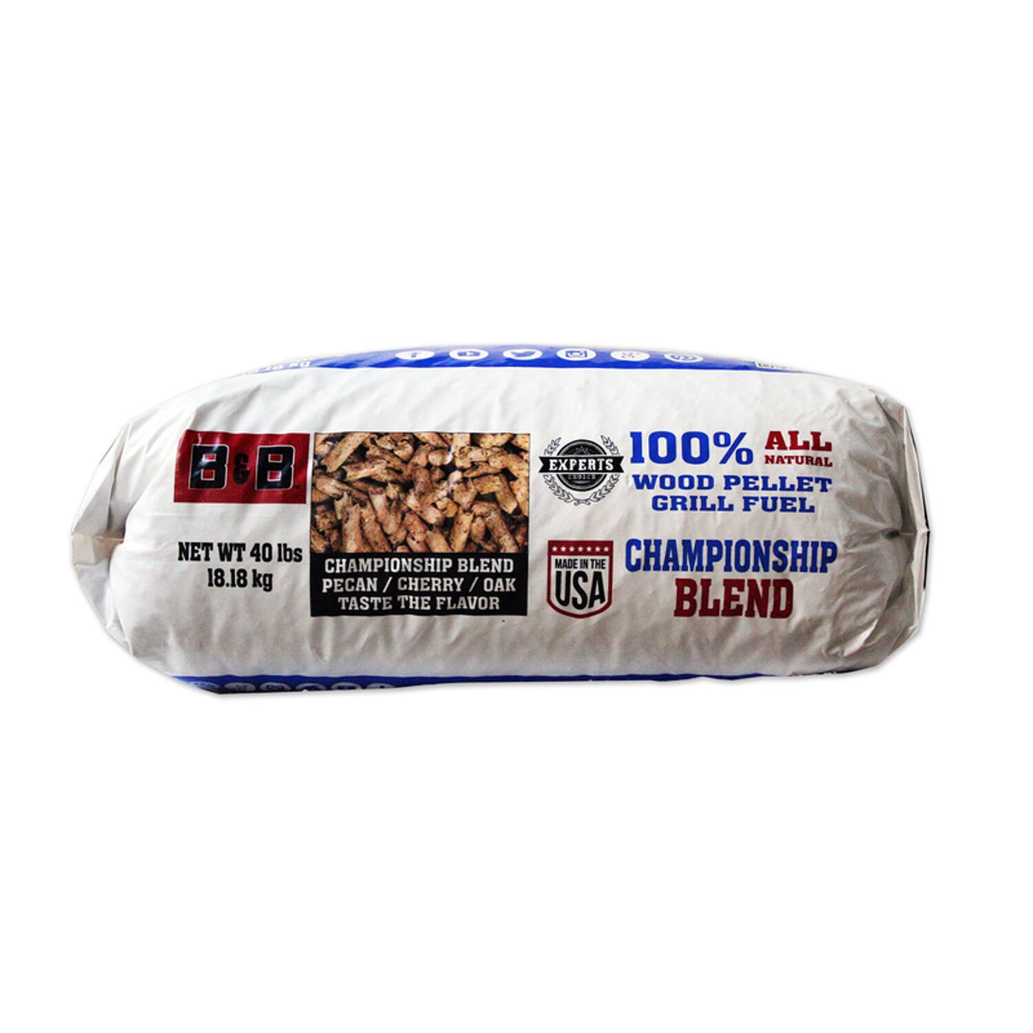 100% ALL NATURAL EXPERTS WOOD PELLET GRILL FUEL  
NET WT 40 lbs (18.18 kg)  
CHAMPIONSHIP BLEND  
PECAN / CHERRY / OAK  
TASTE THE FLAVOR  
MADE IN THE USA