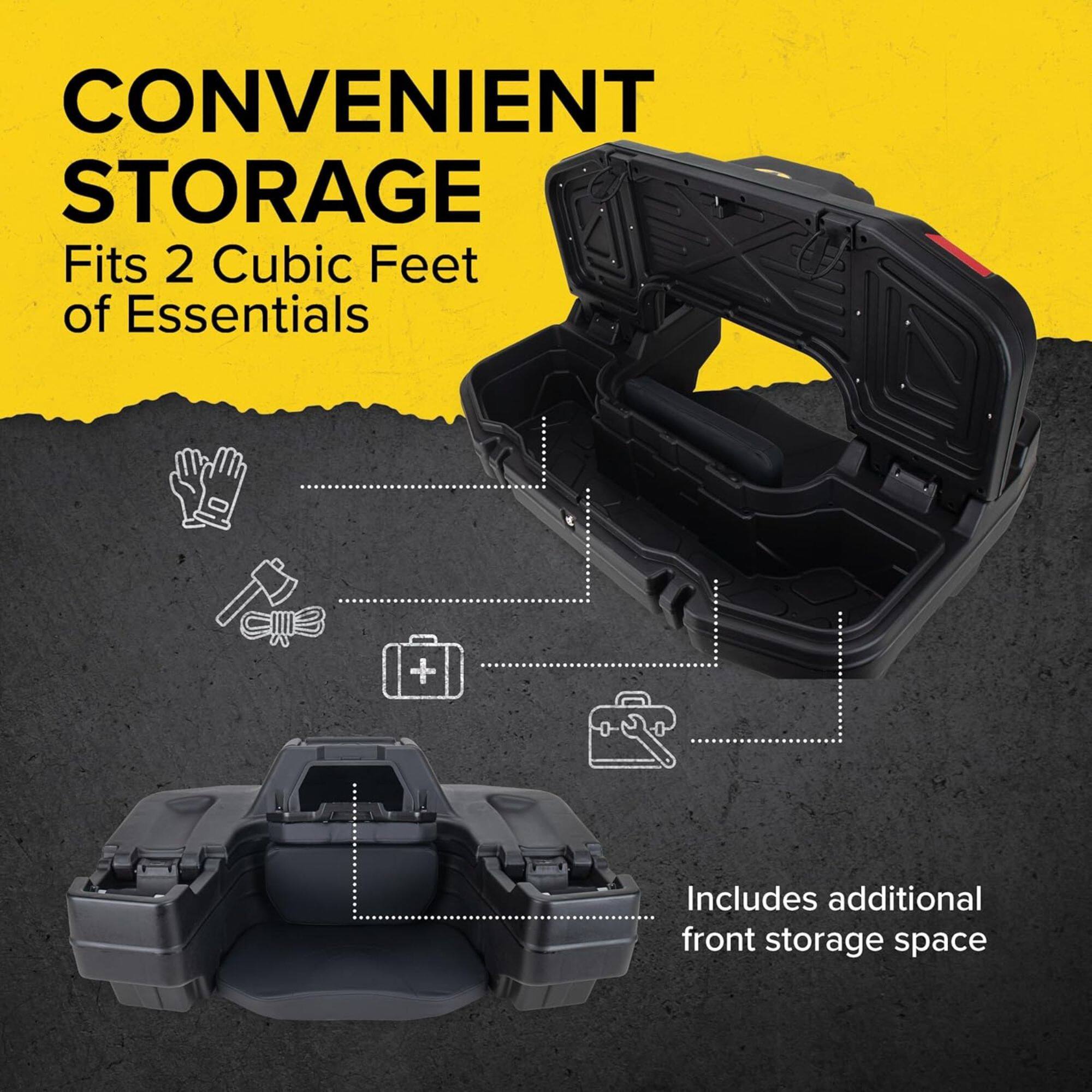 CONVENIENT STORAGE  
Fits 2 Cubic Feet of Essentials  
Includes additional front storage space