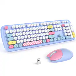 Comfort Essence - Wireless And Mouse Combo 2.4ghz Retro Full-size With Number Pad Cute For Computer Pc Desktops Laptop - Light Blue Colorful