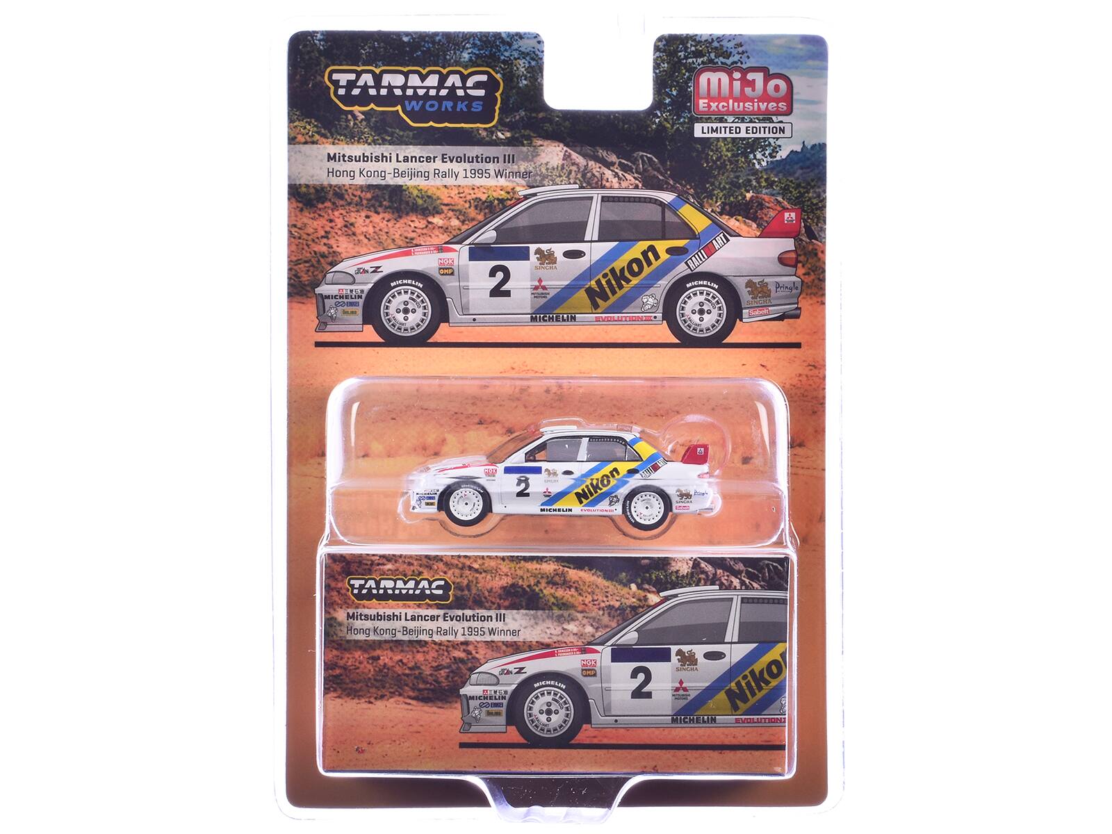 TARMAC WORKS  
MiJo Exclusives  
LIMITED EDITION  
Mitsubishi Lancer Evolution III Hong Kong-Beijing Rally 1995 Winner  
MICHELIN FRANCE  
MICHELIN  
OKF  
DERE 2 Nikon MICHELIN MICHELIN SWILUTONE  
Pringle SINGRES Subelt  
2 Nikon BIEBEUN  
Bring's  
TARMAC  
Mitsubishi Lancer Evolution III Hong Kong-Beijing Rally 1995 Winner  
MICHELIN MERIUS MISHELIN PARAGE  
HOK SISP  
SANSA 2 Niko MICHELIN EVOLUTION