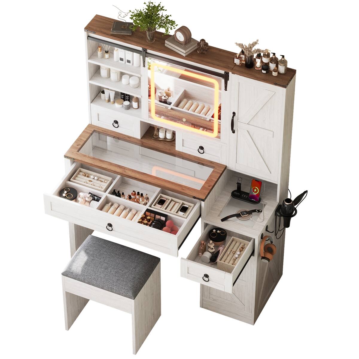 Alt View 1. Loheer - Loheer Farmhouse Vanity Desk with LED Mirror, Glass Top, Charging Station and Stool - White.