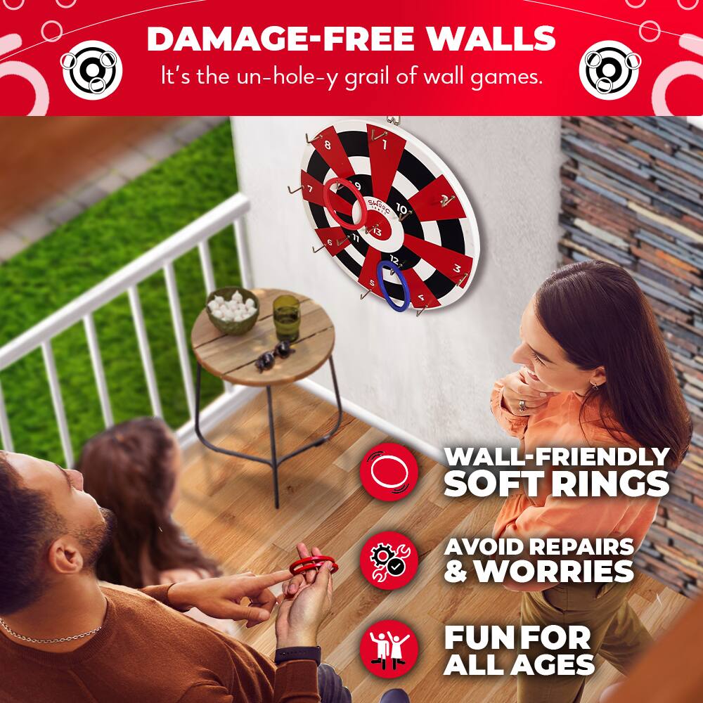 DAMAGE-FREE WALLS  
It's the un-hole-y grail of wall games.

WALL-FRIENDLY SOFT RINGS  
AVOID REPAIRS & WORRIES  
FUN FOR ALL AGES