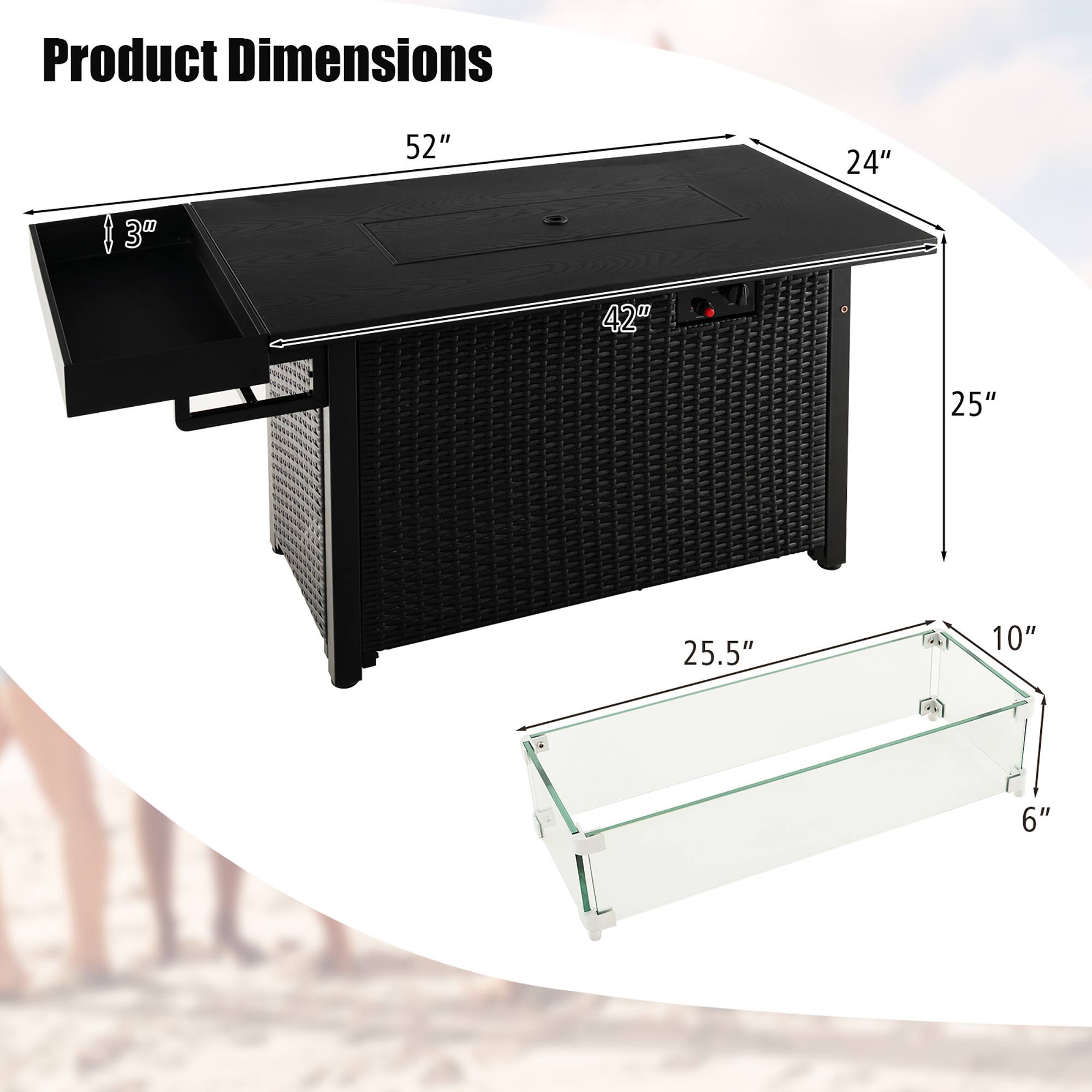 Product Dimensions

- Length: 52"
- Width: 24"
- Height: 25"
- Depth: 42"
- Glass Shelf Dimensions: 25.5" x 10"
- Glass Shelf Thickness: 6"
