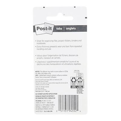 Post-it tabs | onglets

Great for organizing files, project folders, binders and notebooks. Extra thickness prevents wear and tear from repeated handling and use.

Idéal pour l'organisation de fichiers, dossiers de projets, classeurs et carnets. L'épaisseur supplémentaire empêche l'usure et les déchirures des manipulations et utilisations répétées.

NOTICE: The adhesive may not adhere to surfaces that are oily, greasy, dusty, or have a low surface energy. For best results, clean the surface with rubbing alcohol or a similar solvent. If the adhesive does not adhere, try a different surface. Do not use on surfaces that are sensitive to solvents. For best results, use on clean, dry, smooth surfaces.

AVERTISSEMENT: L'adhésif peut ne pas adhérer aux surfaces grasses, sales, poussiéreuses ou ayant une faible énergie de surface. Pour de meilleurs résultats, nettoyez la surface avec de l'alcool à friction ou un solvant similaire. Si l'adhésif ne tient pas, essayez une autre surface. Ne pas utiliser sur des surfaces sensibles