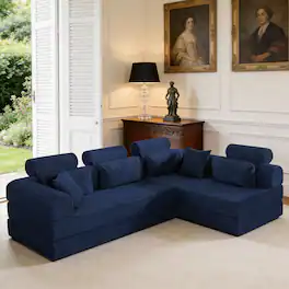 Anysun - L-Shape Corduroy Modular Sectional Sofa - Minimalist Compressed Design, Unfolds into Bed, Space-Efficient - Blue