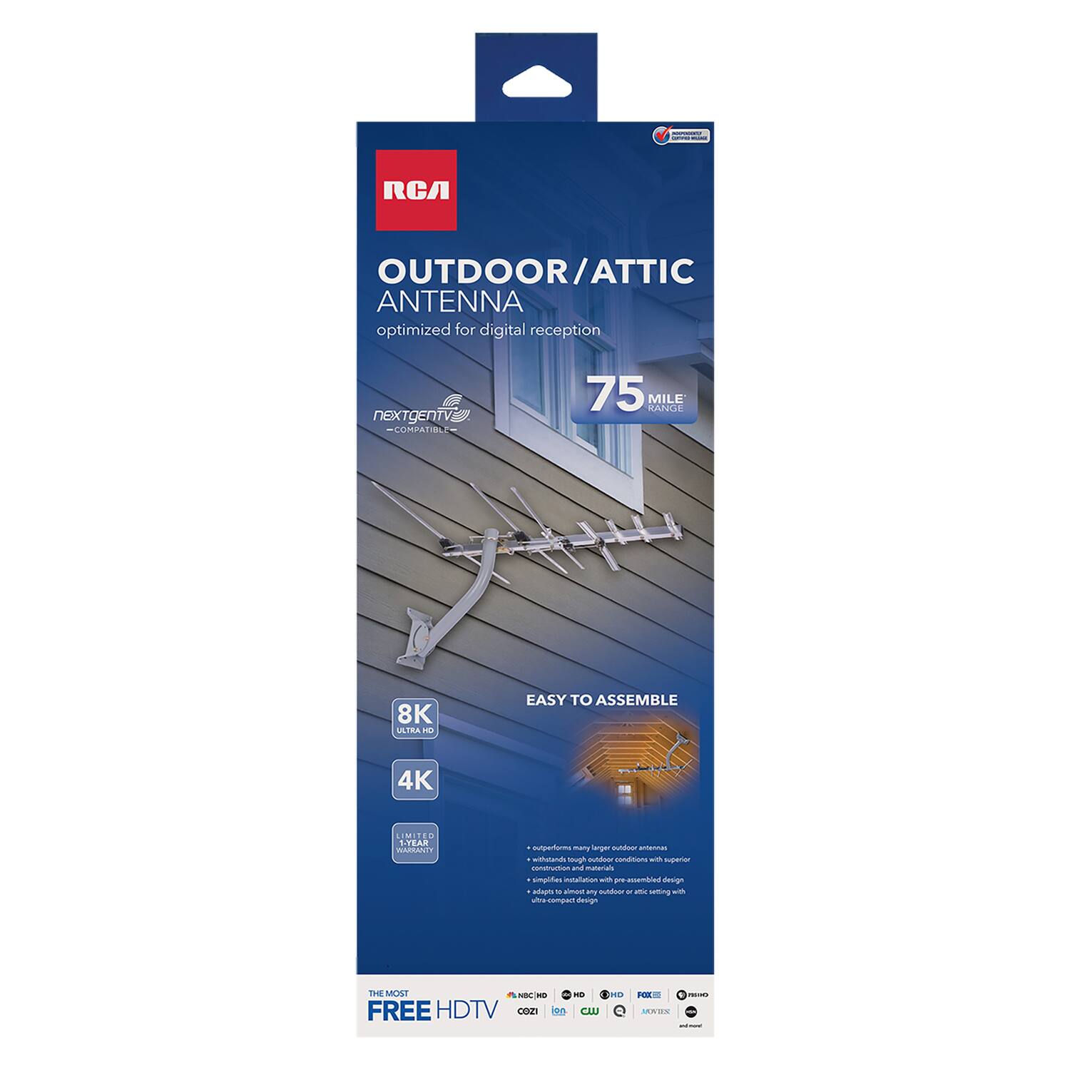RCA OUTDOOR/ATTIC ANTENNA  
optimized for digital reception  

75 MILE RANGE  

EASY TO ASSEMBLE  

8K ULTRA HD  
4K  

LIMITED 1-YEAR WARRANTY  

- Performs many larger outdoor antennas  
- Endures tough outdoor conditions with superior  
- Simplifies installation with pre-assembled design  
- Adapts to any outdoor setting with  

THE MOST FREE HDTV  
NBC  
CBS  
FOX  
FOX NEWS  
CNN  
ESPN  
and more  

nextgenv2  
COMPATIBLE
