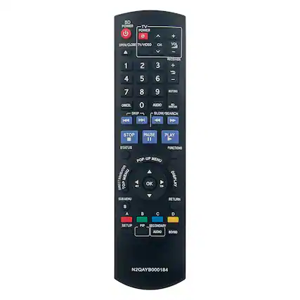 BD POWER TV POWER + OPEN/CLOSE TV/VIDEO CH VOL ee 1 4 2 5 3 6 RECEIVER + VI - 7 8 9 MUTING CANCEL 0 AUDIO .E- MAETER SKIP SLOW/SEARCH P STOP PAUSE PLAY STATUS FUNCTIONS POP-UP MENU DIRECT NAVIGATOR MENU DISPLAY DIRECT TOP OK 41 I SUB MENU RETURN S A B C D SETUP PIP SECONDARY AUDIO BD/SD N2QAYB000184