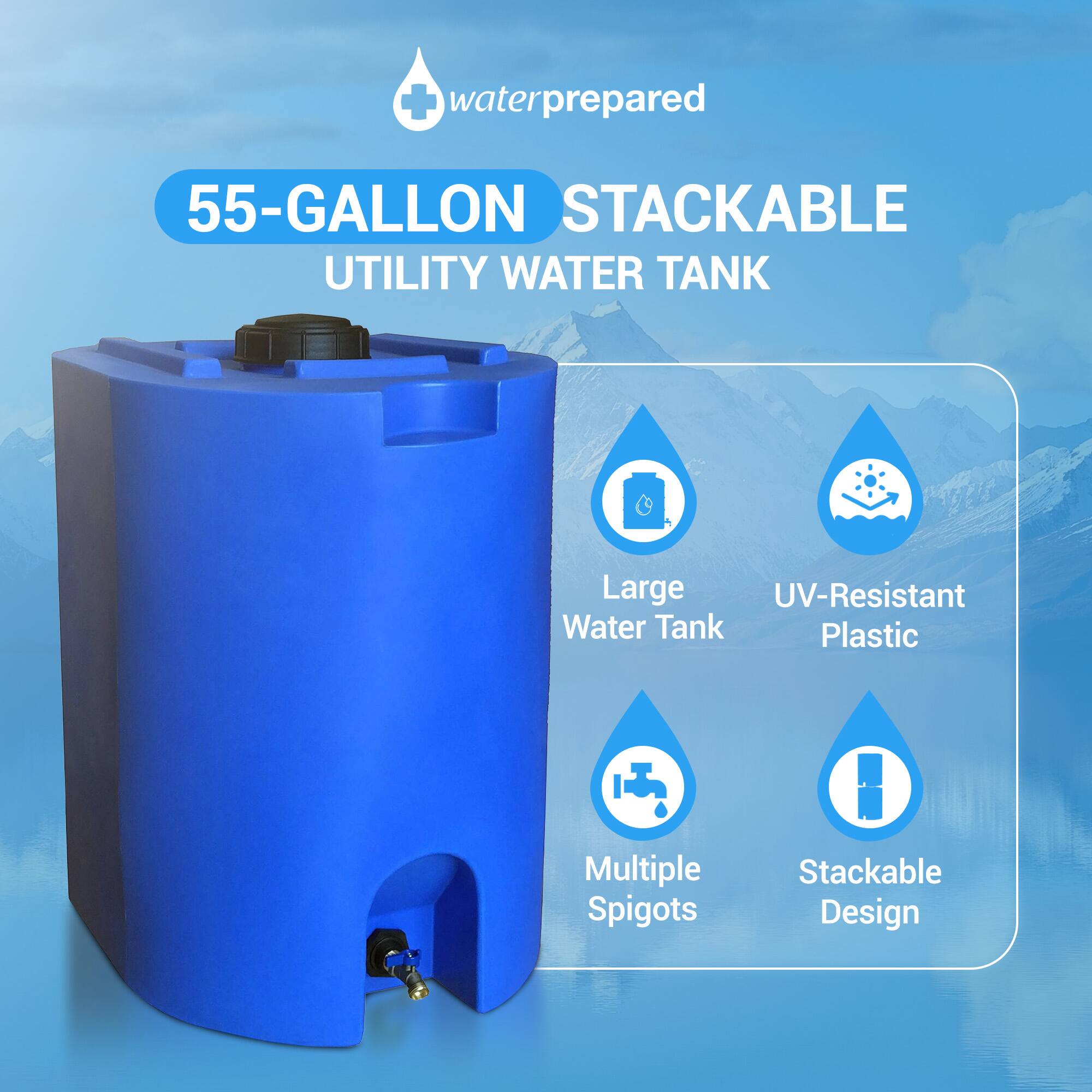 55-Gallon Stackable Utility Water Tank

- Large Water Tank
- UV-Resistant Plastic
- Multiple Spigots
- Stackable Design
