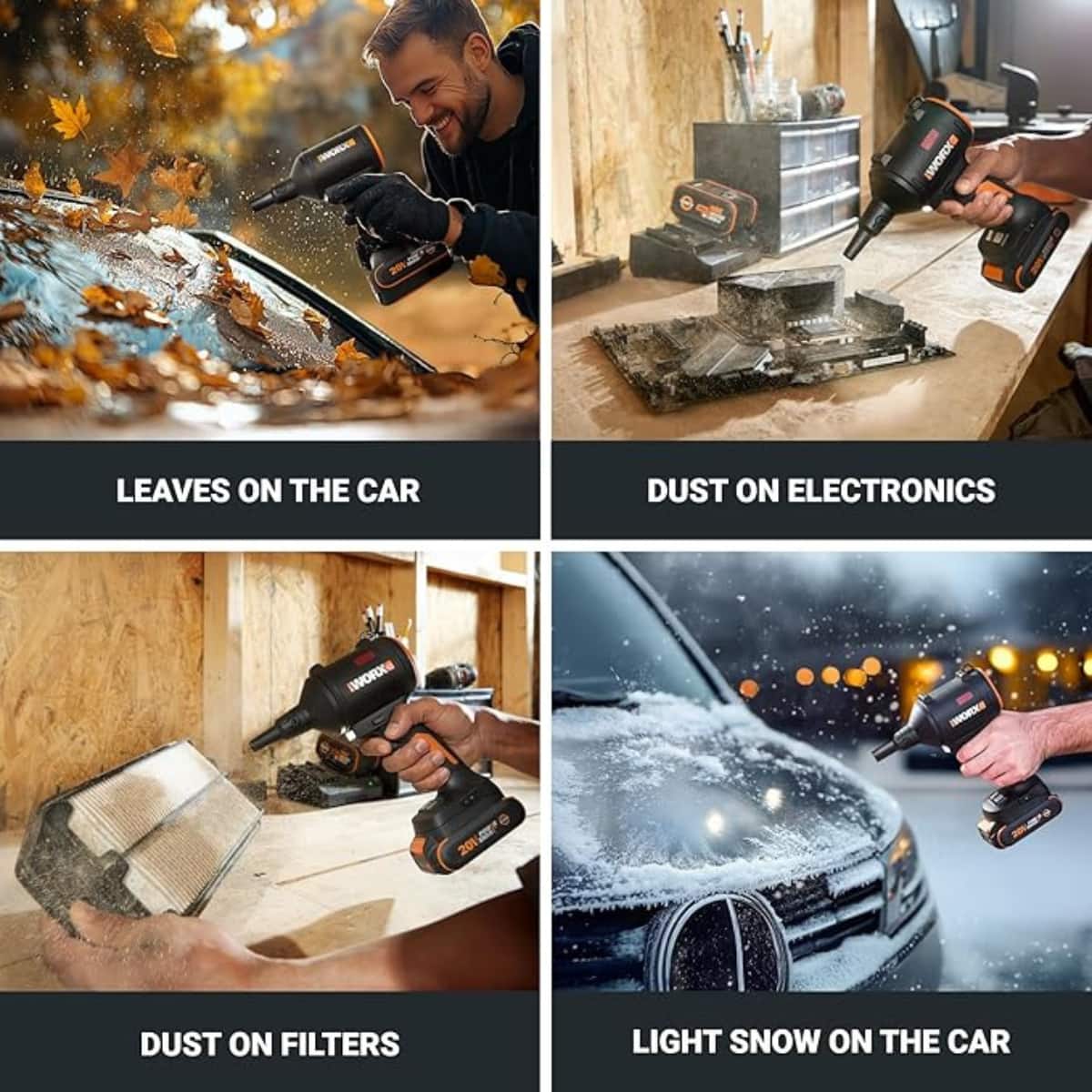 A: LEAVES ON THE CAR
B: DUST ON ELECTRONICS
C: DUST ON FILTERS
D: LIGHT SNOW ON THE CAR
Grouping:
- A, B, C, D
