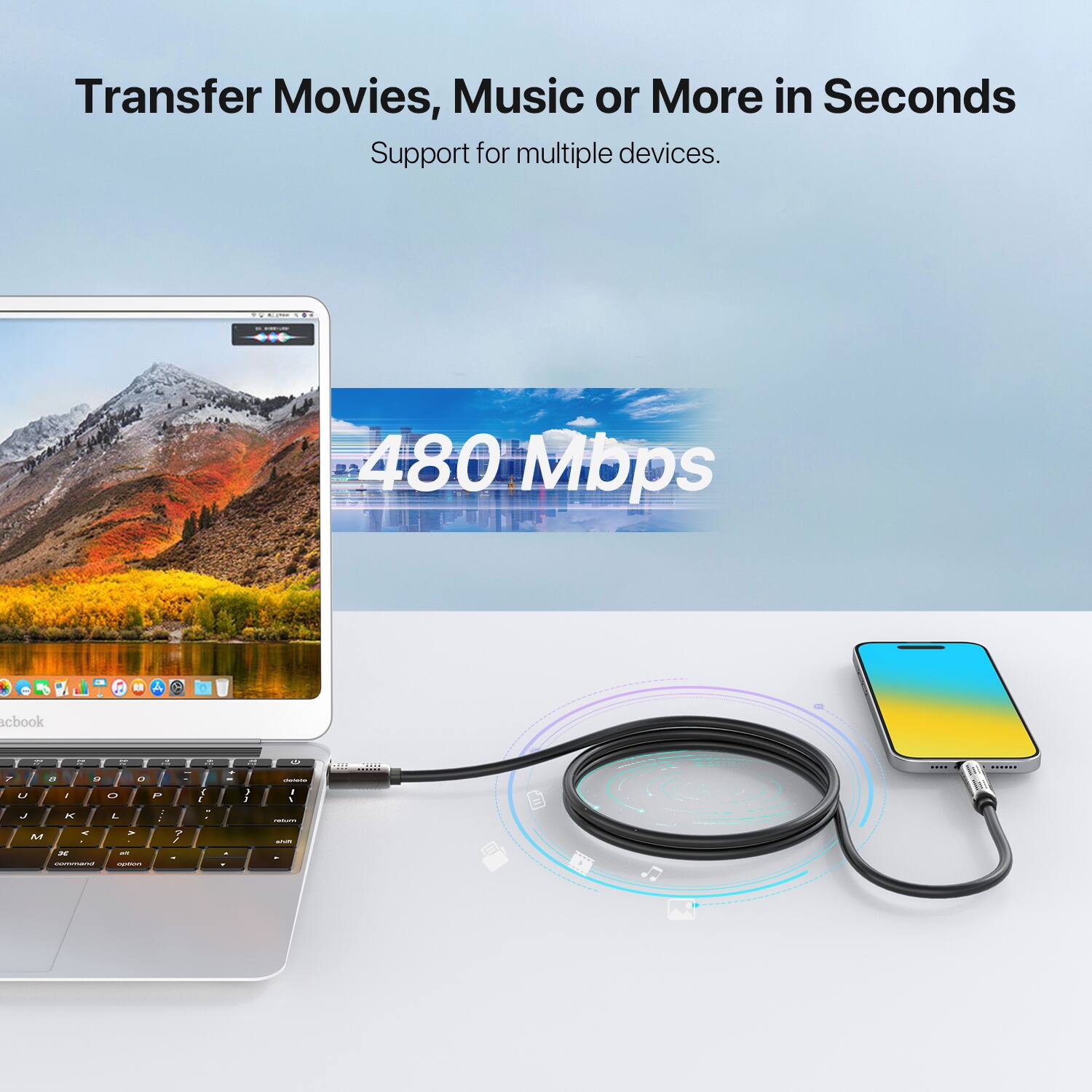 Transfer Movies, Music or More in Seconds  
Support for multiple devices.  
480 Mbps