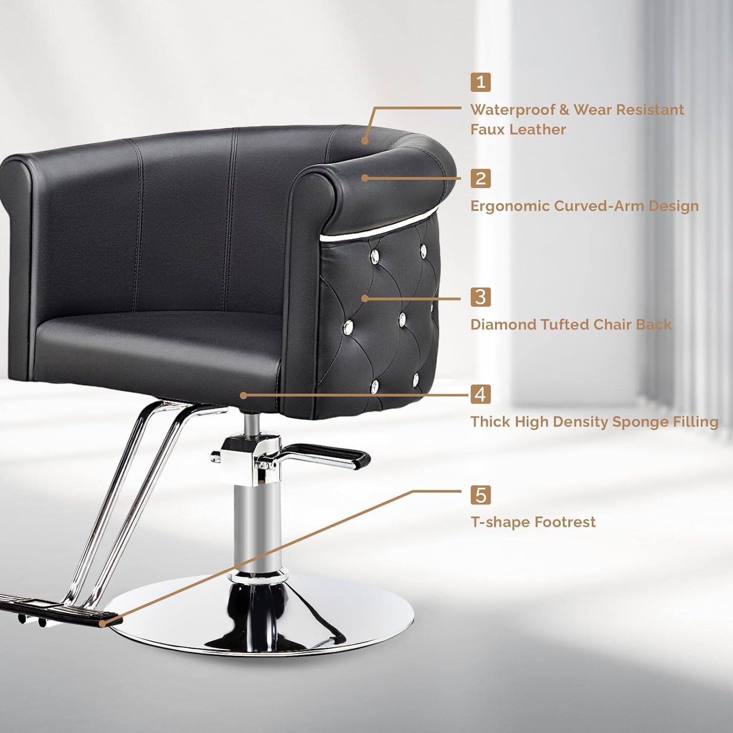 1. Waterproof & Wear Resistant Faux Leather  
2. Ergonomic Curved-Arm Design  
3. Diamond Tufted Chair Back  
4. Thick High Density Sponge Filling  
5. T-shape Footrest