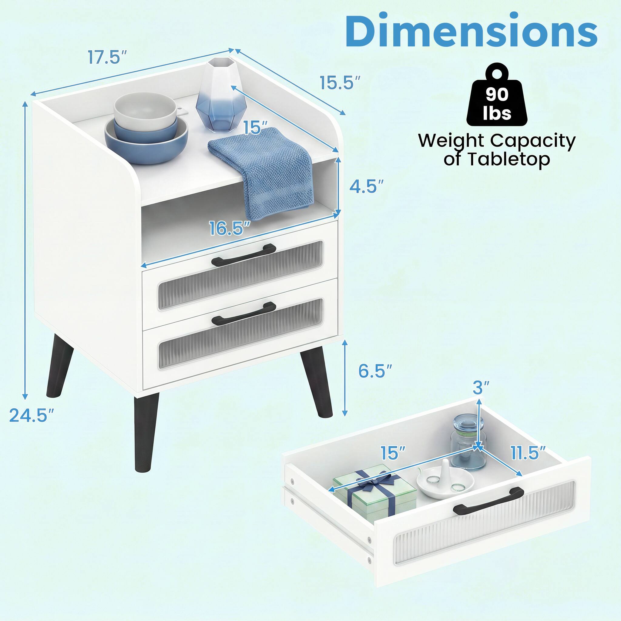 Dimensions: 17.5" x 15.5" x 24.5"  
Weight Capacity of Tabletop: 90 lbs  
Drawer Dimensions: 16.5" x 15" x 6.5"  
Bottom Drawer Dimensions: 15" x 11.5" x 3"