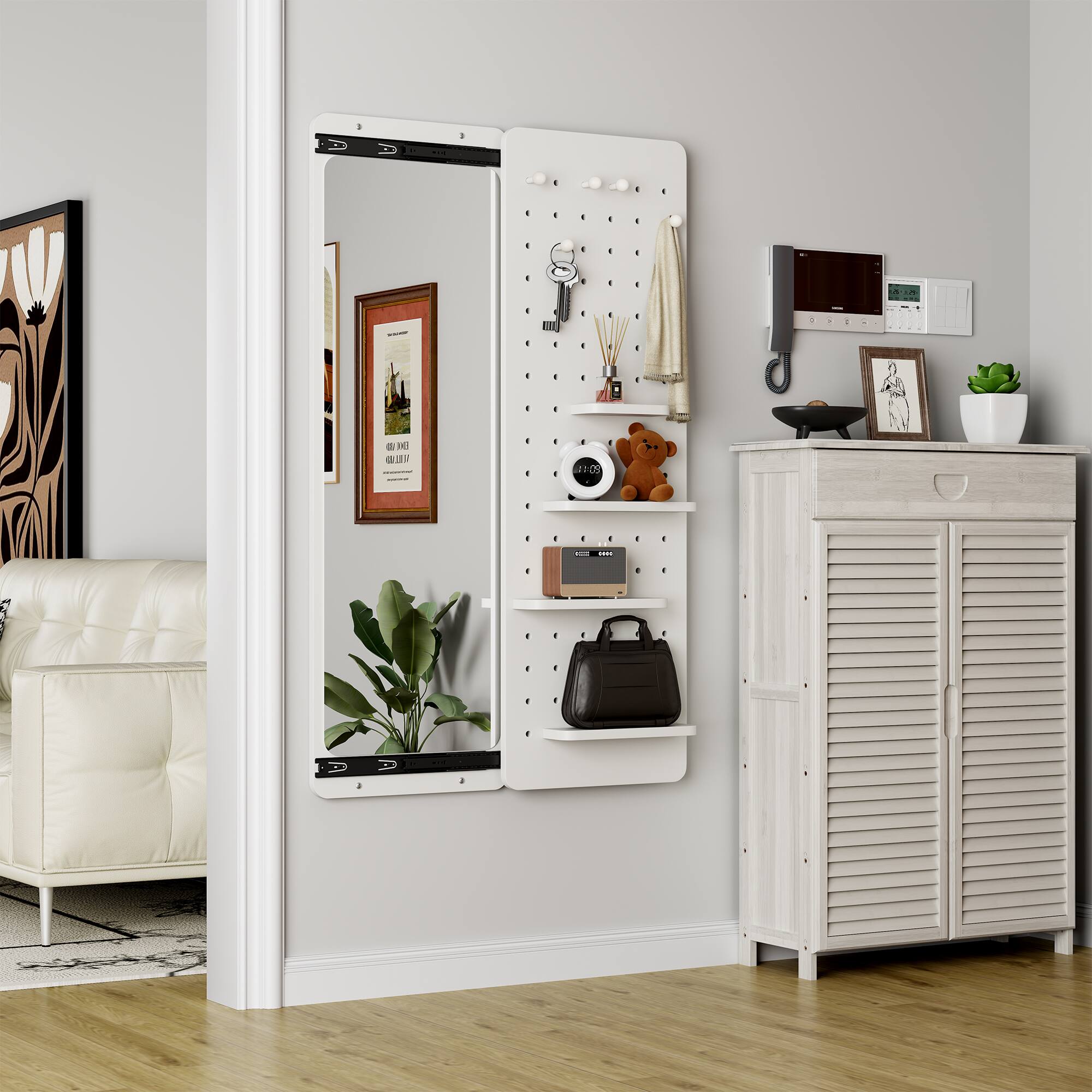 Alt View 1. Ecooso - Full Length Wall Mirror with Shelf and Hooks, Multi-Functional Bedroom or Living Mirror - White.