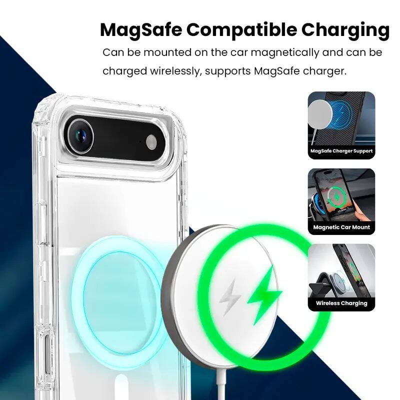 MagSafe Compatible Charging  
Can be mounted on the car magnetically and can be charged wirelessly, supports MagSafe charger.  

MagSafe Charger Support  
Magnetic Car Mount  
Wireless Charging