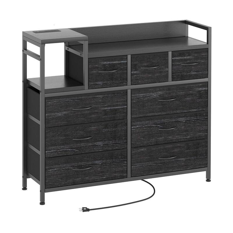 Left. GARVEE - 9 Drawer Dresser TV Stand with Charging Station, Media Console, Open Shelf, Power Outlets, Entertainment Center, Black - Black.
