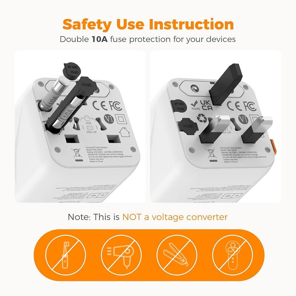Safety Use Instruction  
Double 10A fuse protection for your devices  

Note: This is NOT a voltage converter