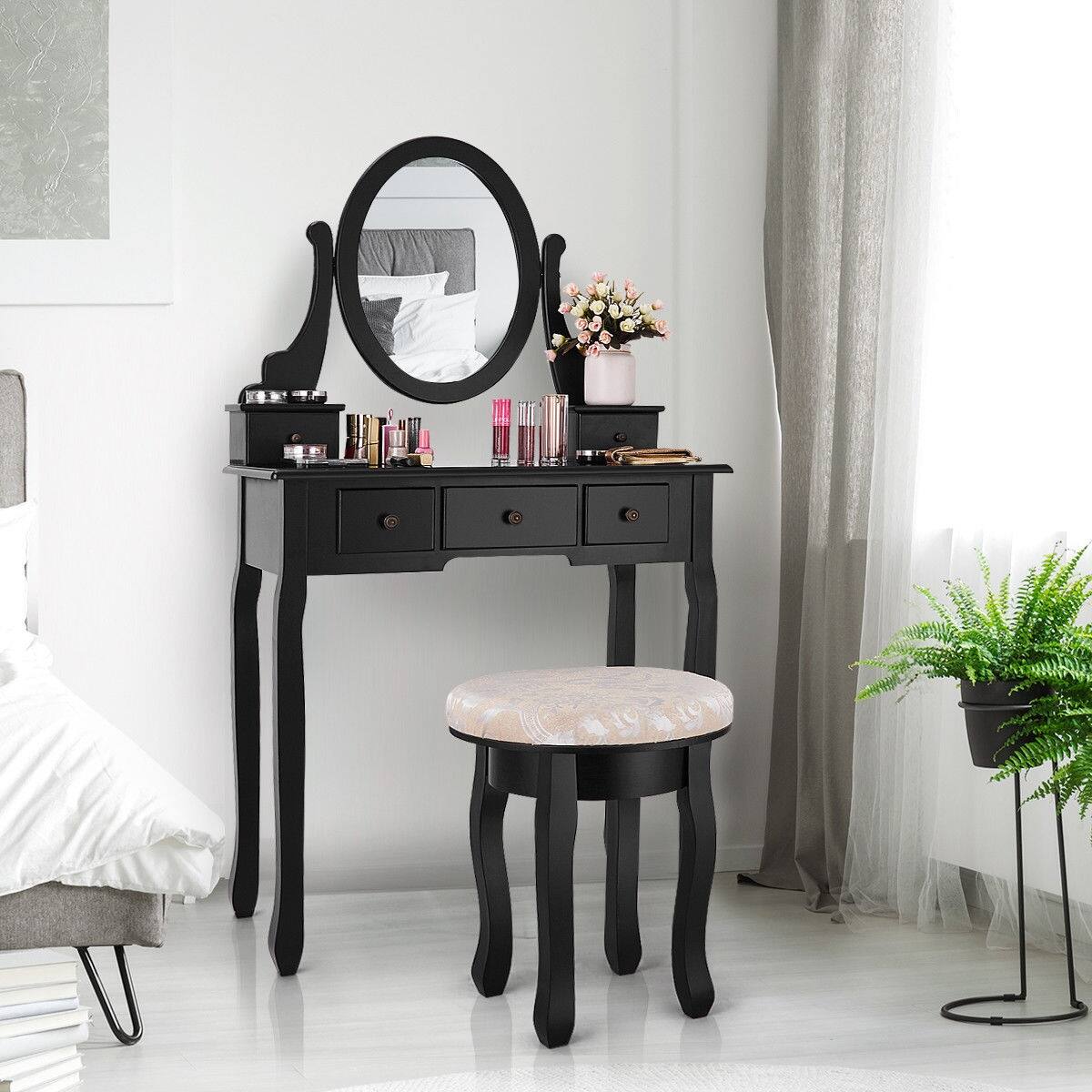 Alt View 1. Ecooso - Makeup Vanity Table with Padded Stool, Large Countertop and Simple Bedroom Style - Black.