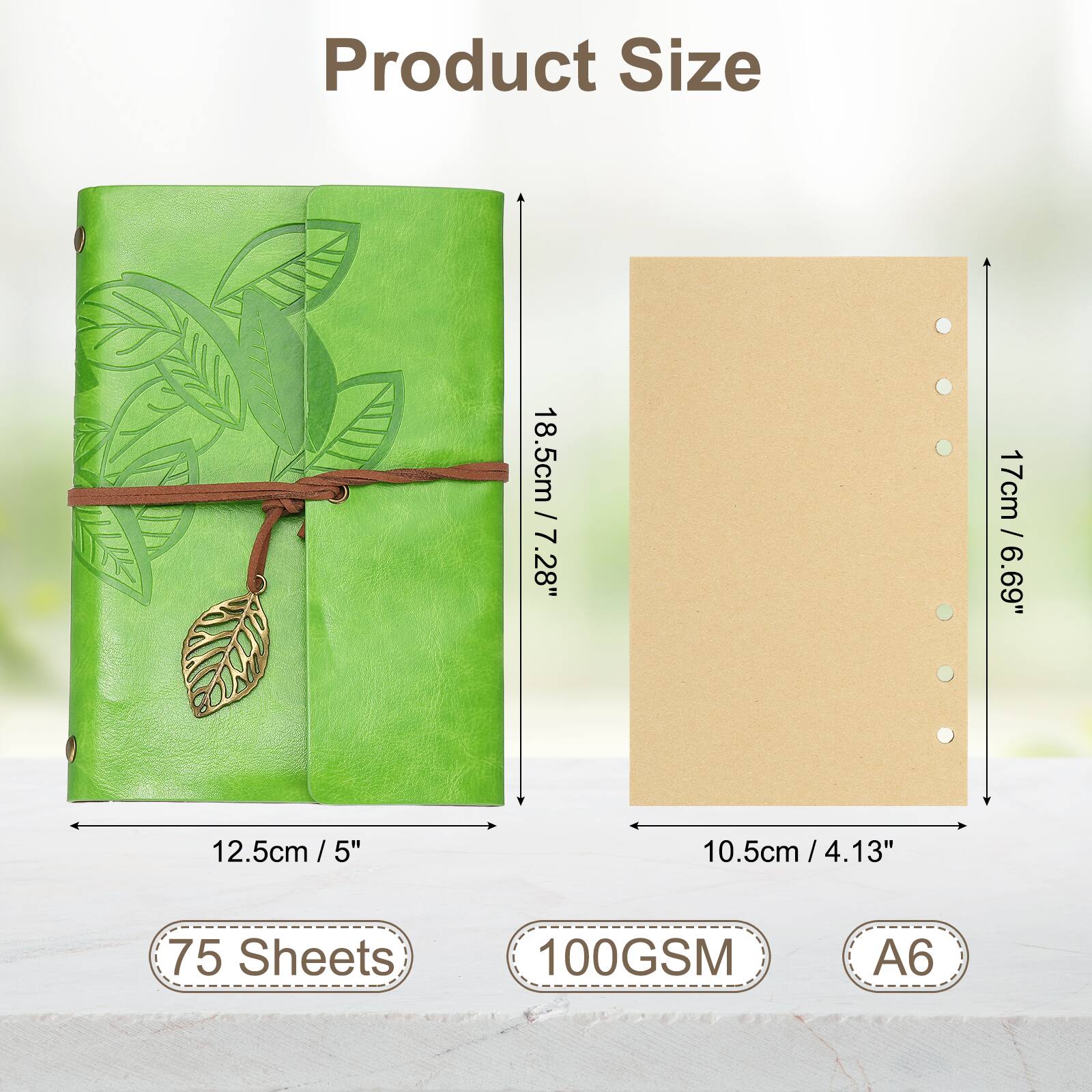 Product Size

18.5cm / 7.28"  
17cm / 6.69"  
12.5cm / 5"  
10.5cm / 4.13"  

75 Sheets  
100GSM  
A6