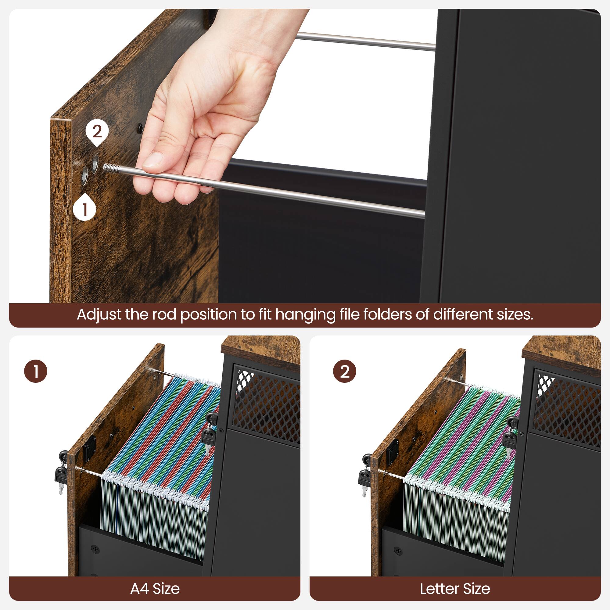 Adjust the rod position to fit hanging file folders of different sizes.

1. A4 Size
2. Letter Size