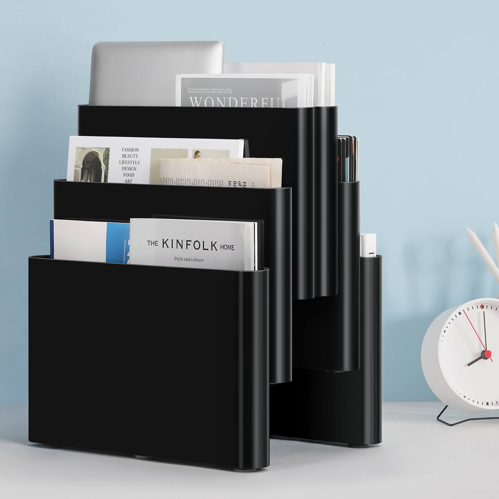 Oumilen - 6-Slot Multifunctional File & Magazine Organizer - Desktop Storage Rack for Home and Office - Black