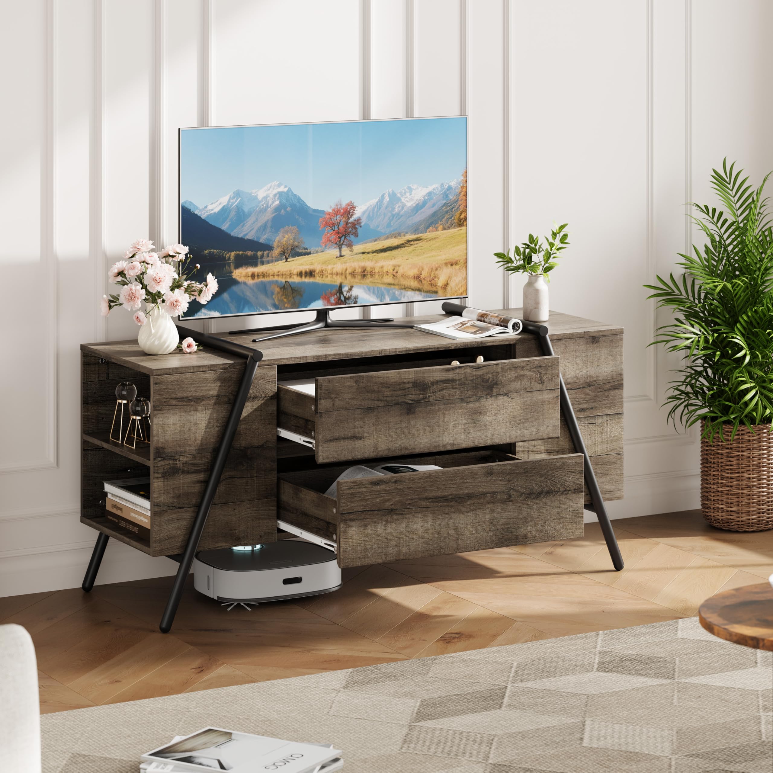 Alt View 4. Qeetex - 47" Mid-Century TV Stand for 50–55" TVs, Media Console with Adjustable Shelf, 2 Drawers & U-Shaped Metal Legs - Gray.