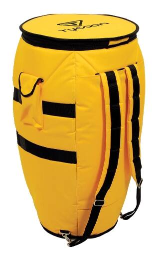 Front. Tycoon Percussion - Bright Yellow High-Strength Nylon Drum Case with Backpack Straps, Shoulder Sling and Handle.