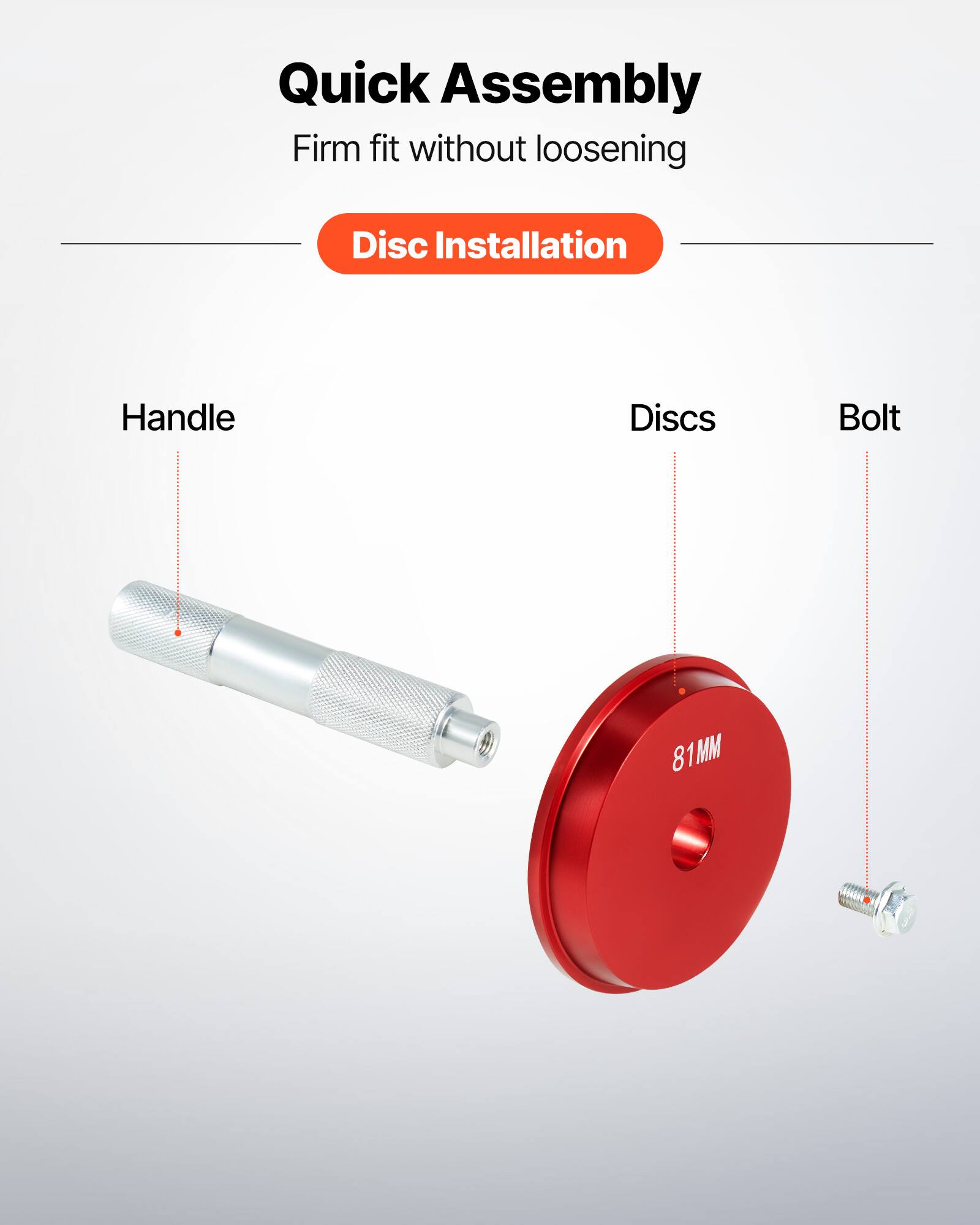 Quick Assembly  
Firm fit without loosening  

Disc Installation  

Handle  
Discs  
Bolt  

81MM