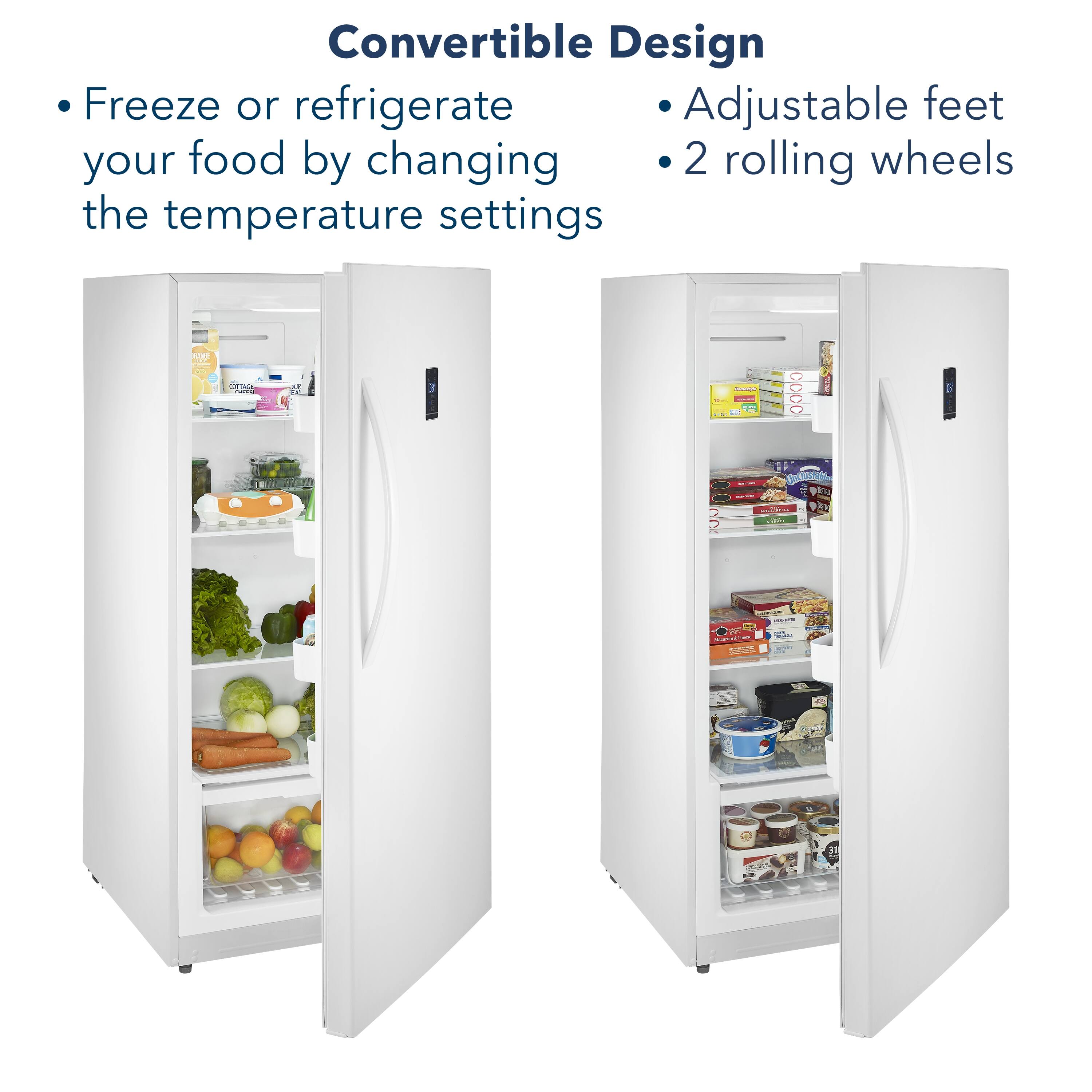 The text on the image reads: "Convertible Design Freeze or refrigerate your food by changing 2 rolling wheels the temperature settings."