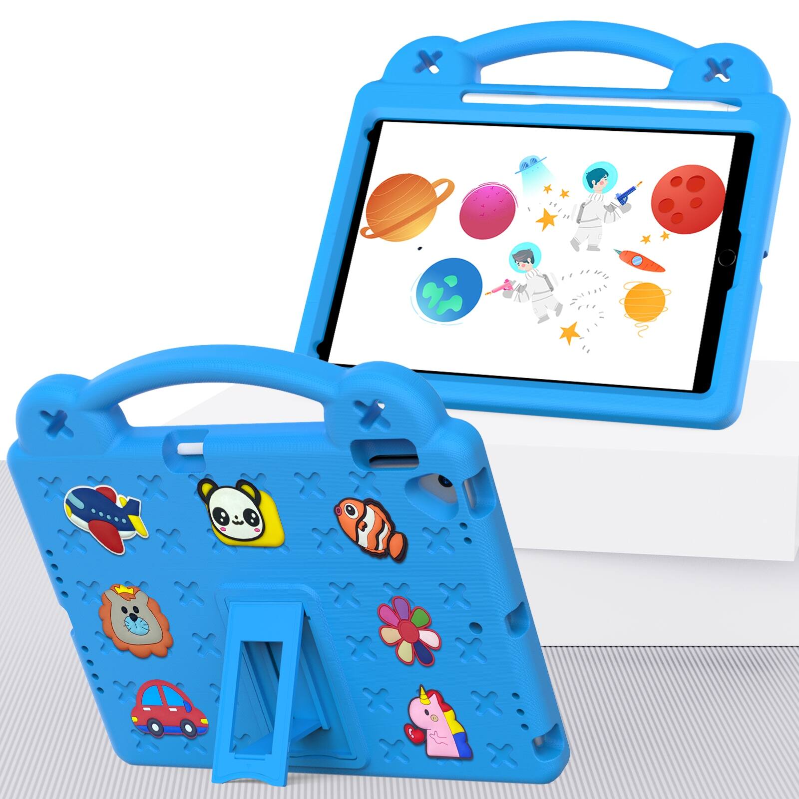 Angle. UUCOVER - Kids Case for iPad 9th 8th 7th Generation 10.2-inch (2021/2020/2019),Shockproof EVA Case Handle Adjustable Stand Cover - Skyblue.