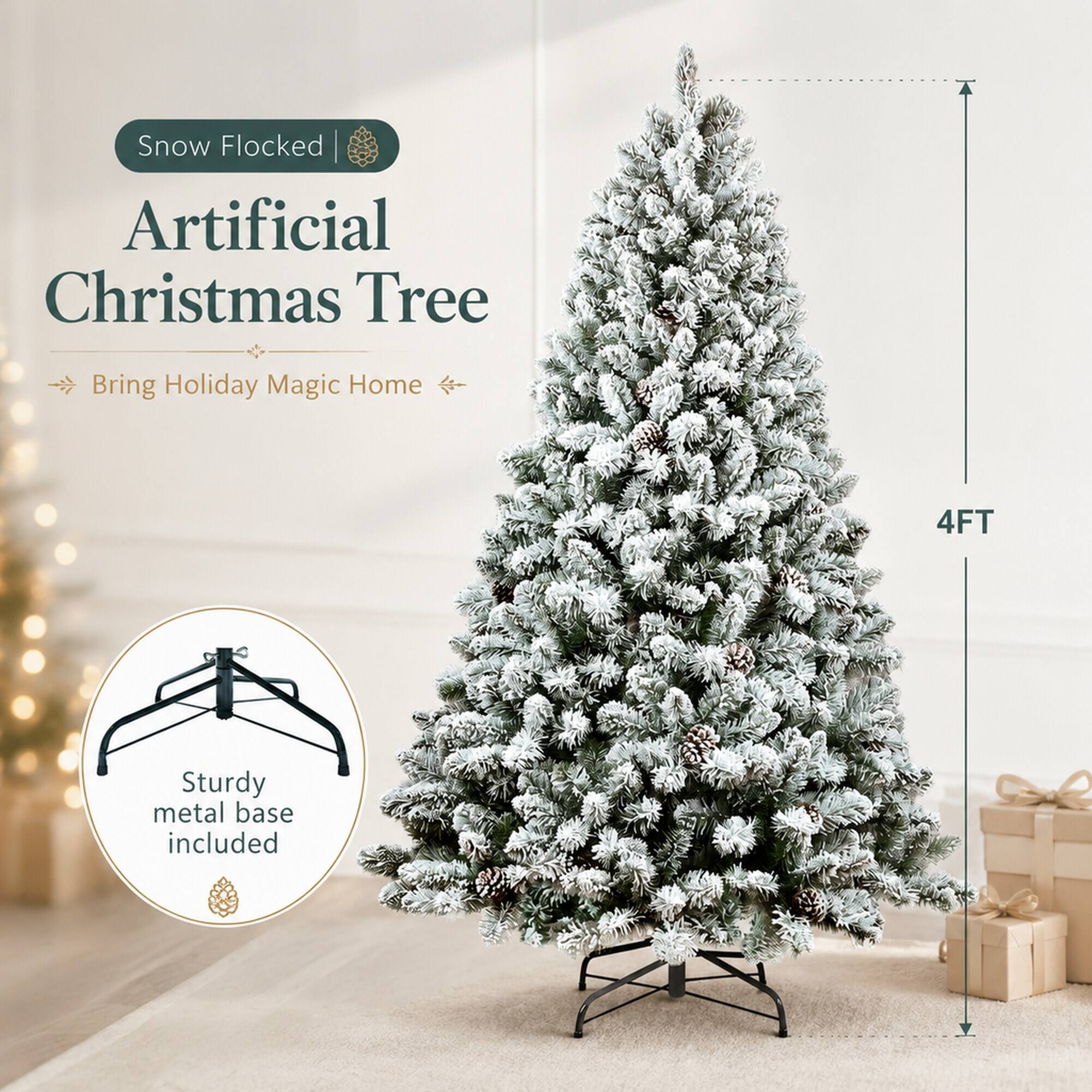 Snow Flocked Artificial Christmas Tree  
Bring Holiday Magic Home  
4FT  
Sturdy metal base included