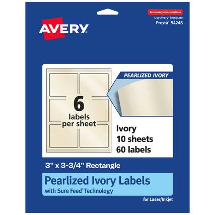 Go to avery.com/templates
AVERY
Use Avery Template Presta 94248
PEARLIZED IVORY
6 labels per sheet
Ivory 10 sheets 60 labels
3" x 3-3/4" Rectangle
Pearlized Ivory Labels with Sure Feed Technology for Laser/Inkjet