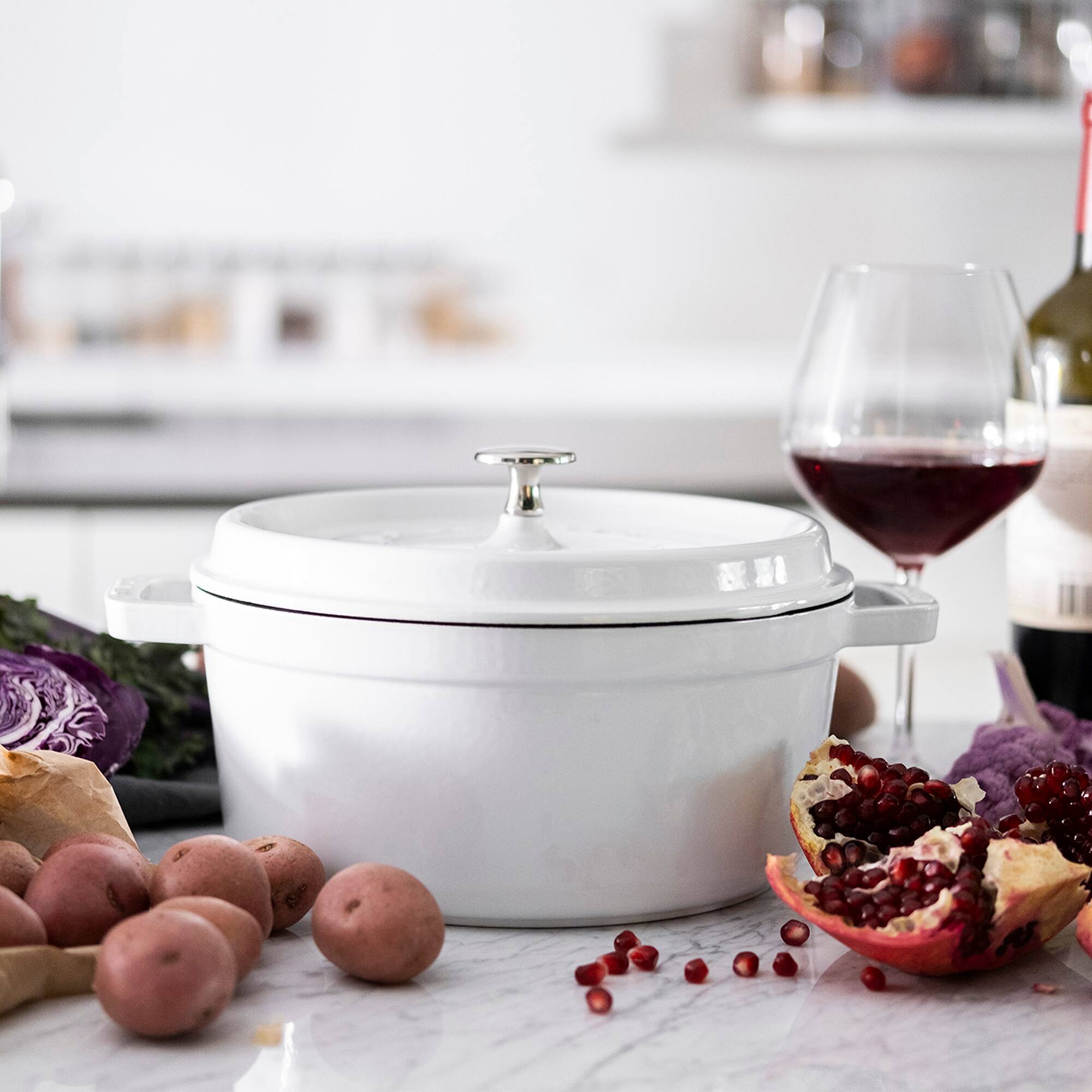 Alt View 5. Staub - Cast Iron Round Cocotte, Dutch Oven, 4-quart, serves 3-4, Made in France - White.