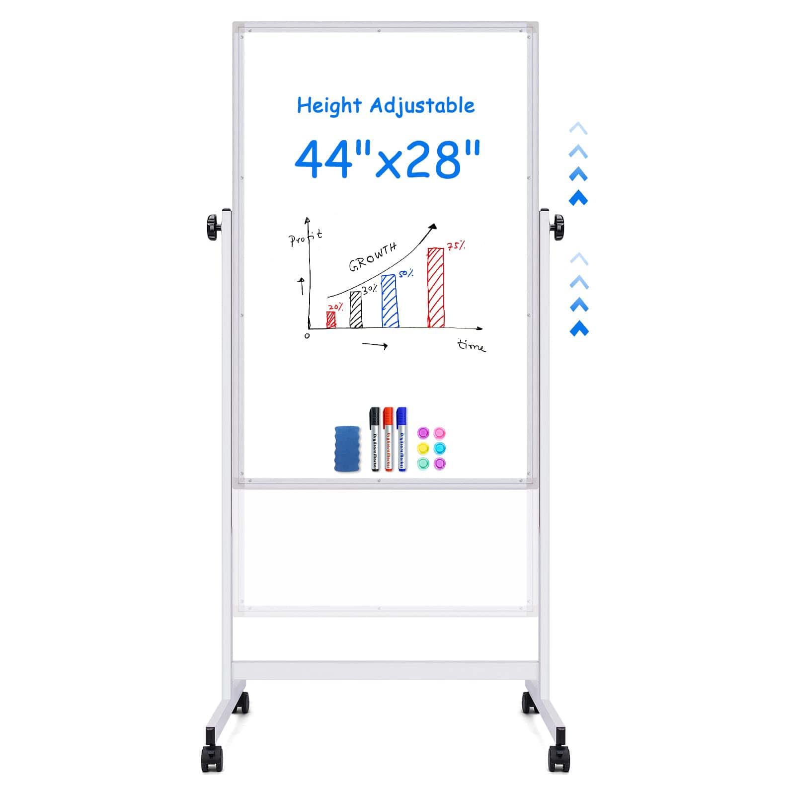 HOMLUX - Rolling Bulletin Boards, 44 x 28 Height Adjustable Whiteboard on Wheels, Standing Mobile Board, Double-Sided with Stand - White