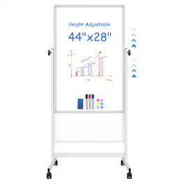 HOMLUX - Rolling Bulletin Boards, 44 x 28 Height Adjustable Whiteboard on Wheels, Standing Mobile Board, Double-Sided with Stand - White